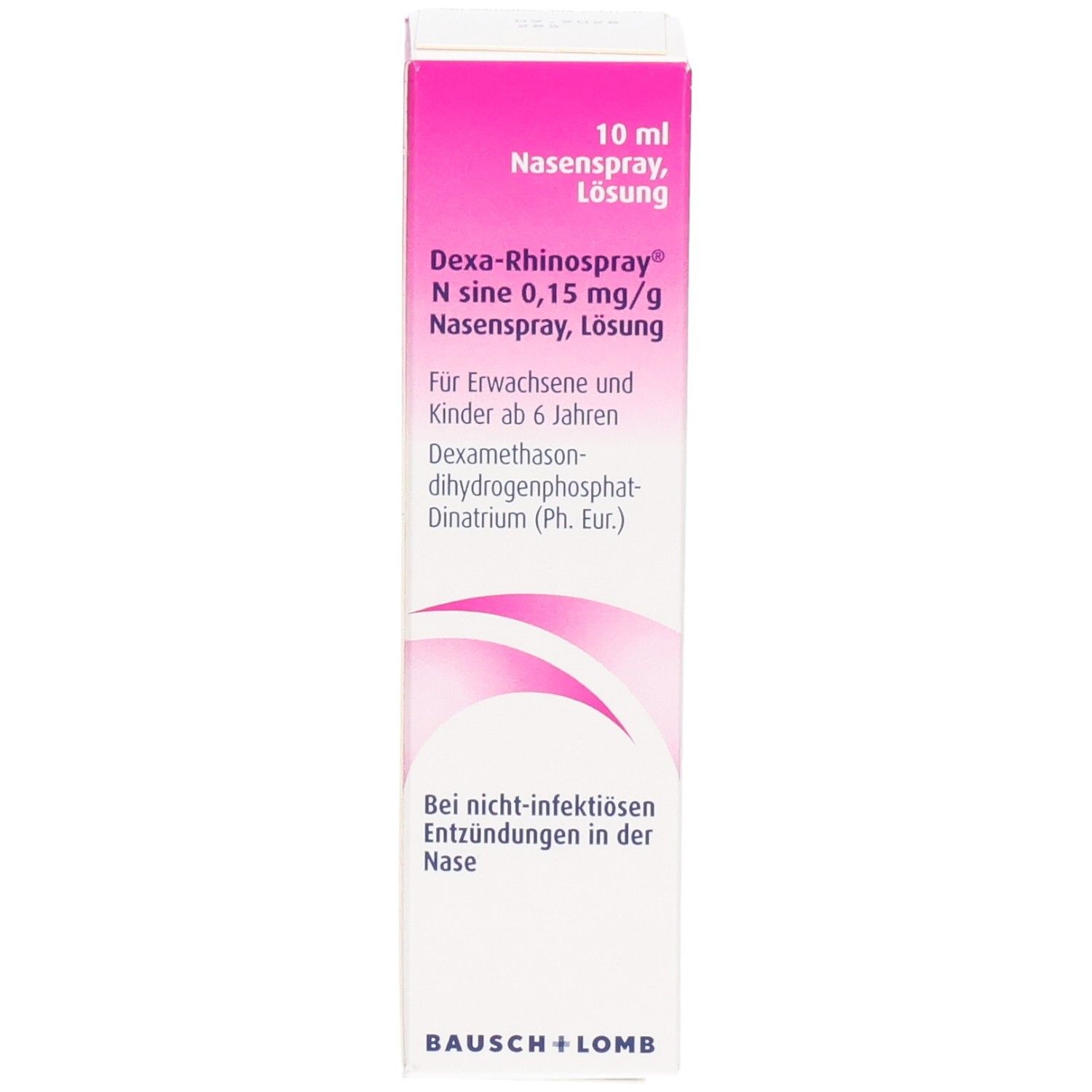 Rosa-weiße Schachtel mit Produktinformationen. Text: Dexa-Rhinospray N sine 0,15 mg/g Nasenspray Lösung. Bausch + Lomb.