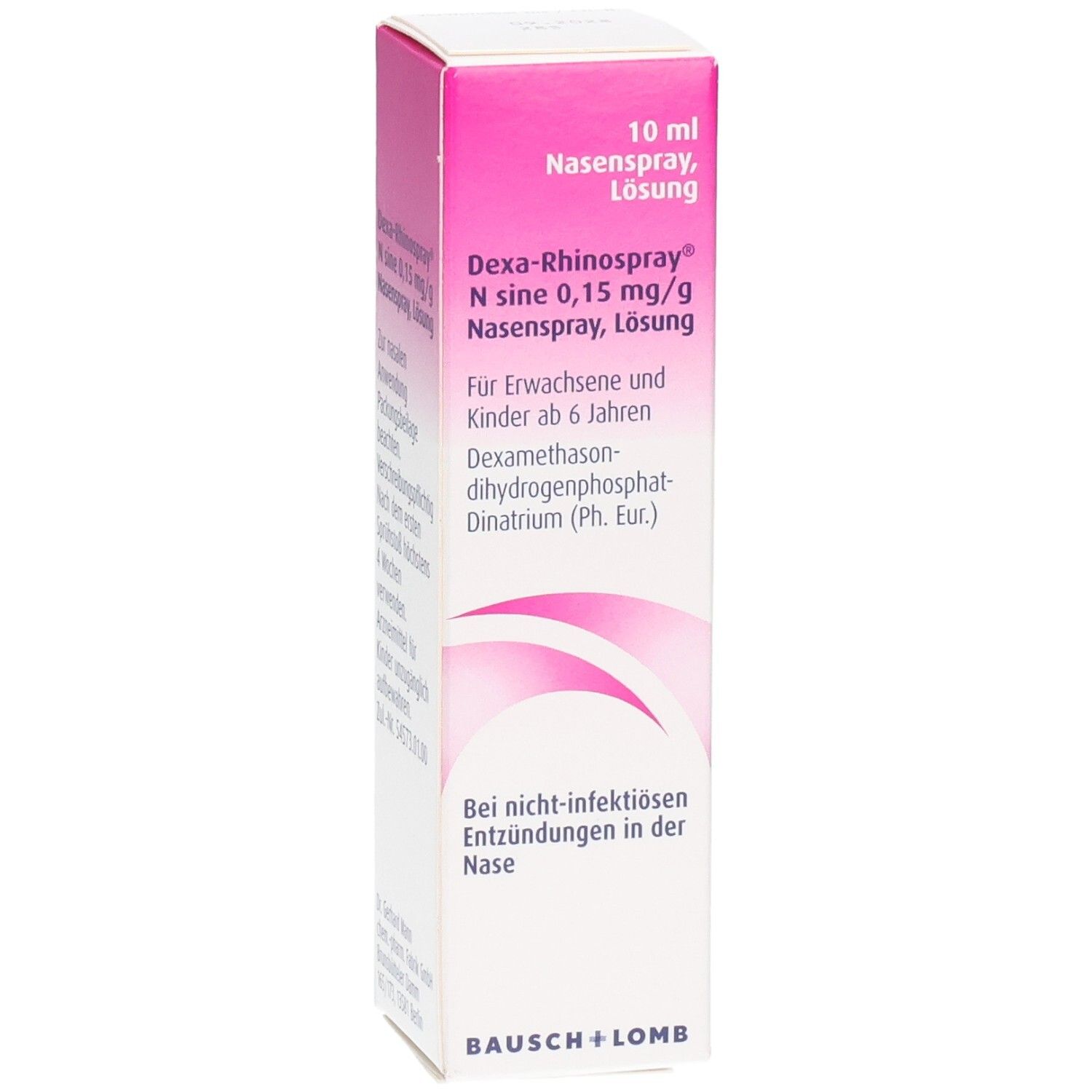 Rosa-weiße Schachtel mit Produktinformationen. Text: Dexa-Rhinospray N sine 0,15 mg/g Nasenspray Lösung. Bausch + Lomb.