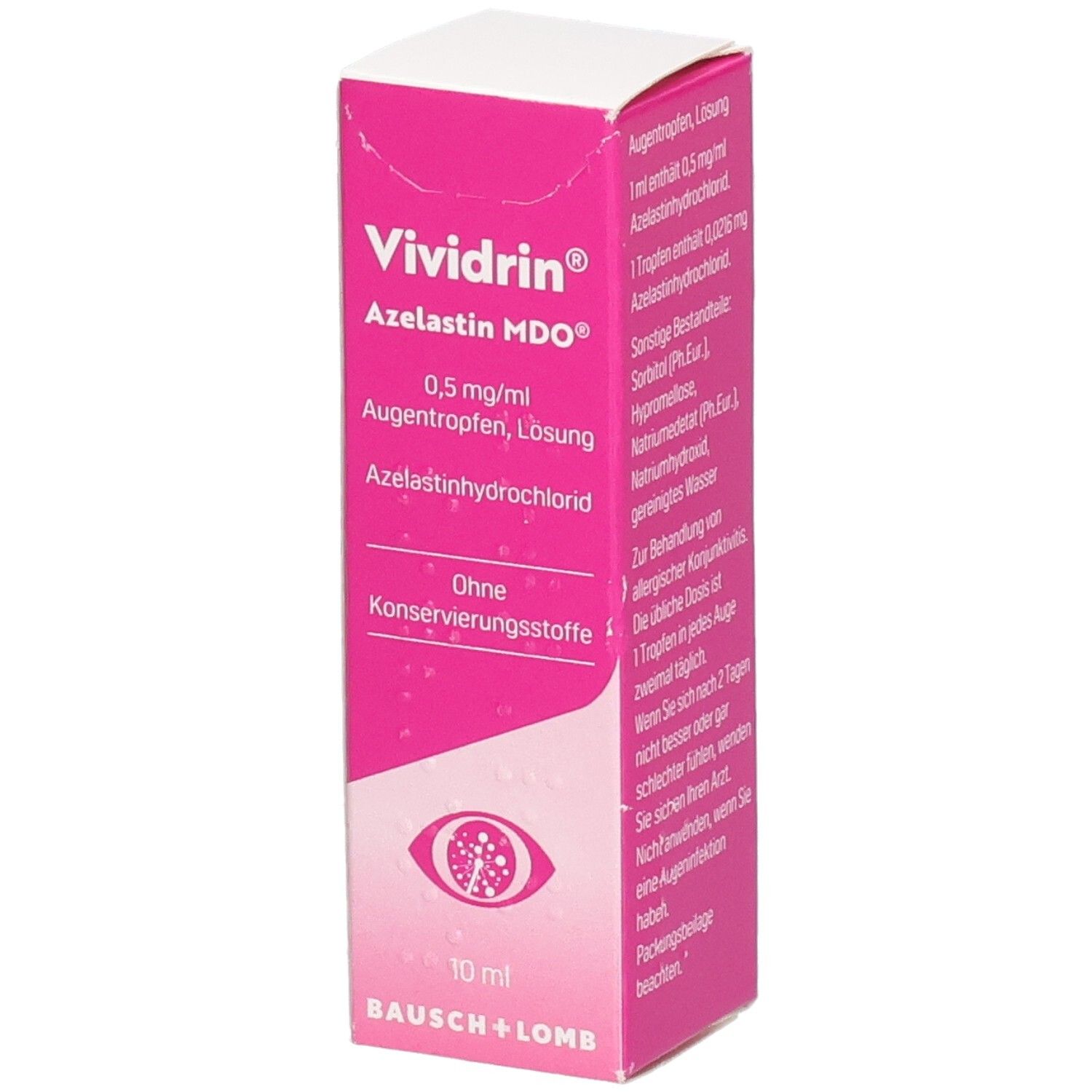 Rosa-weiße Faltschachtel mit Produktinformationen. Aufschrift: Vividrin Azelastin MDO, 0,5 mg/ml Augentropfen. Logo: Auge. Hersteller: Bausch + Lomb.