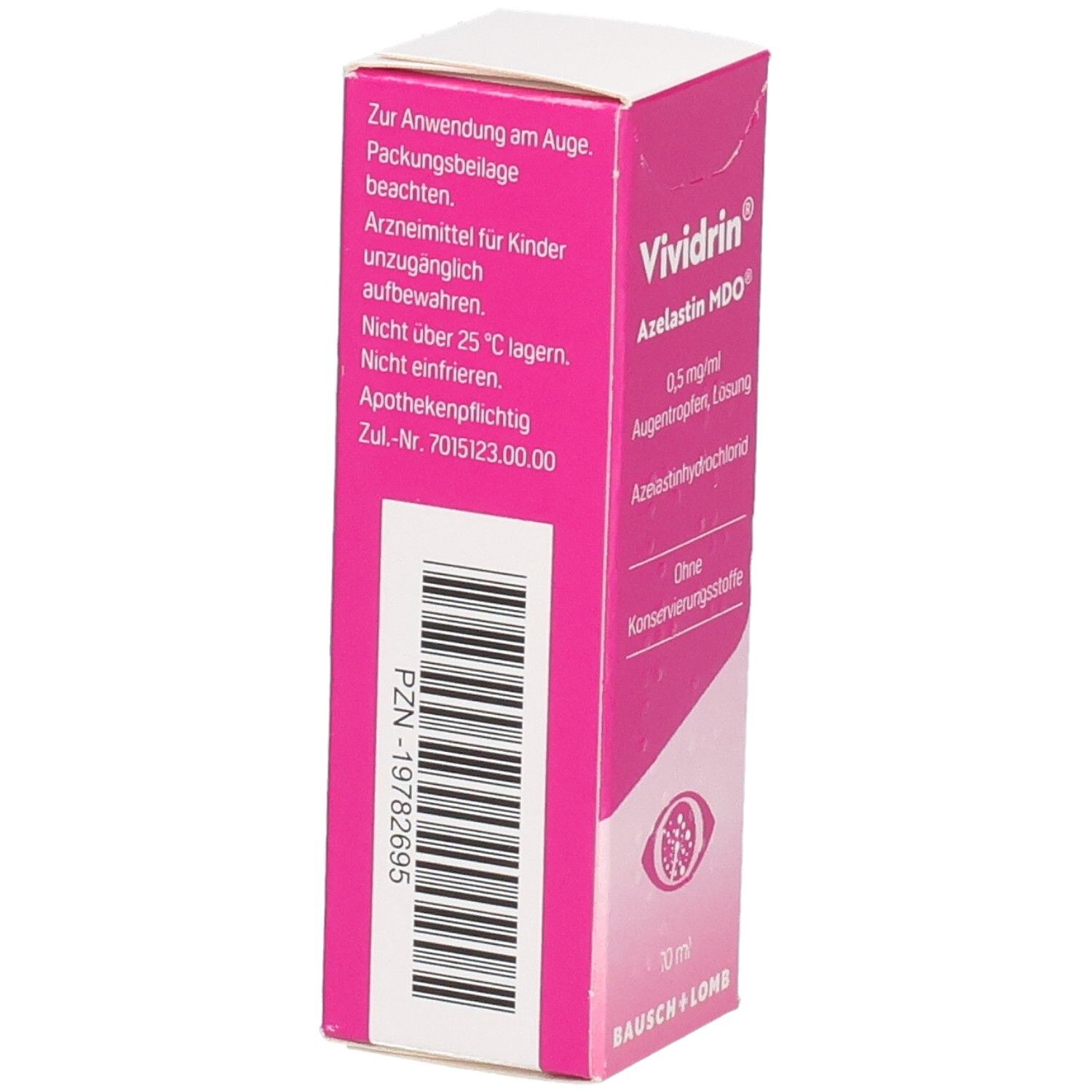 Rosa-weiße Faltschachtel, Seitenansicht. Aufschrift: Vividrin Azelastin MDO, 0,5 mg/ml Augentropfen. Barcode und weitere Produktinformationen. Hersteller: Bausch + Lomb.
