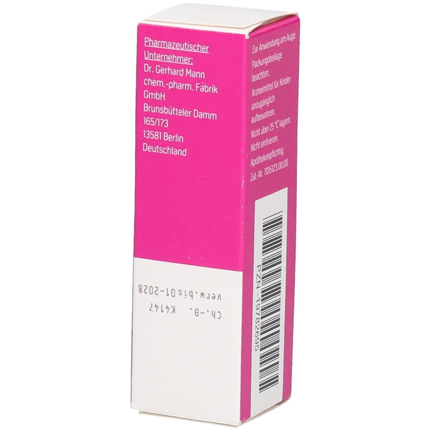 Rosa-weiße Faltschachtel, Seitenansicht. Herstellerinformationen: Dr. Gerhard Mann chem.-pharm. Fabrik GmbH, Berlin, Deutschland. Apothekenpflichtig.