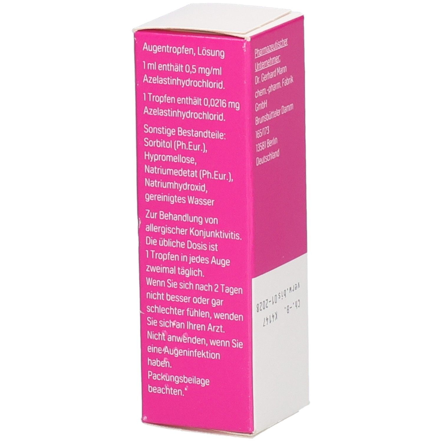 Rosa-weiße Faltschachtel, Seitenansicht. Produktinformationen: Augentropfen, Lösung. Inhaltsstoffe. Anwendungshinweise. Hersteller: Dr. Gerhard Mann.