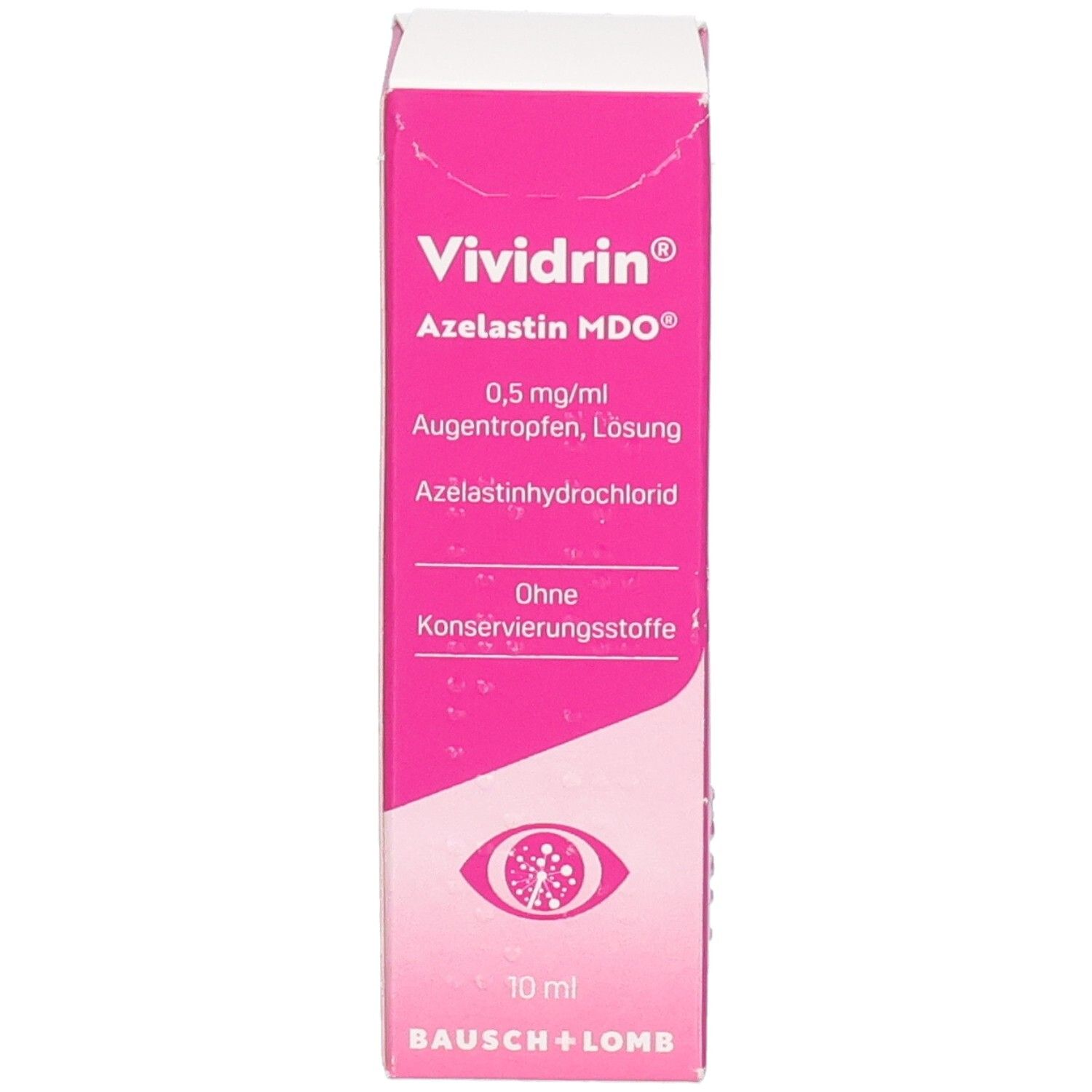 Rosa-weiße Faltschachtel mit Produktinformationen. Aufschrift: Vividrin Azelastin MDO, 0,5 mg/ml Augentropfen. Logo: Auge. Hersteller: Bausch + Lomb.