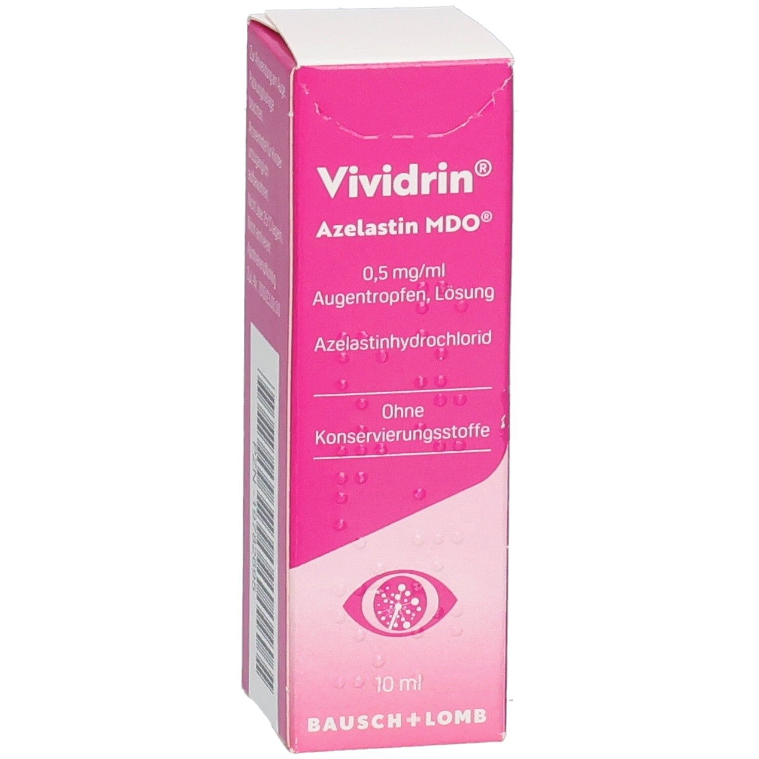 Rosa-weiße Faltschachtel mit Produktinformationen. Aufschrift: Vividrin Azelastin MDO, 0,5 mg/ml Augentropfen. Logo: Auge. Hersteller: Bausch + Lomb.