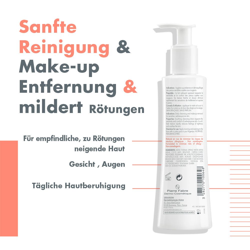 Produktflasche mit Text: Sanfte Reinigung & Make-up Entfernung & mildert Rötungen. Für empfindliche, zu Rötungen neigende Haut.