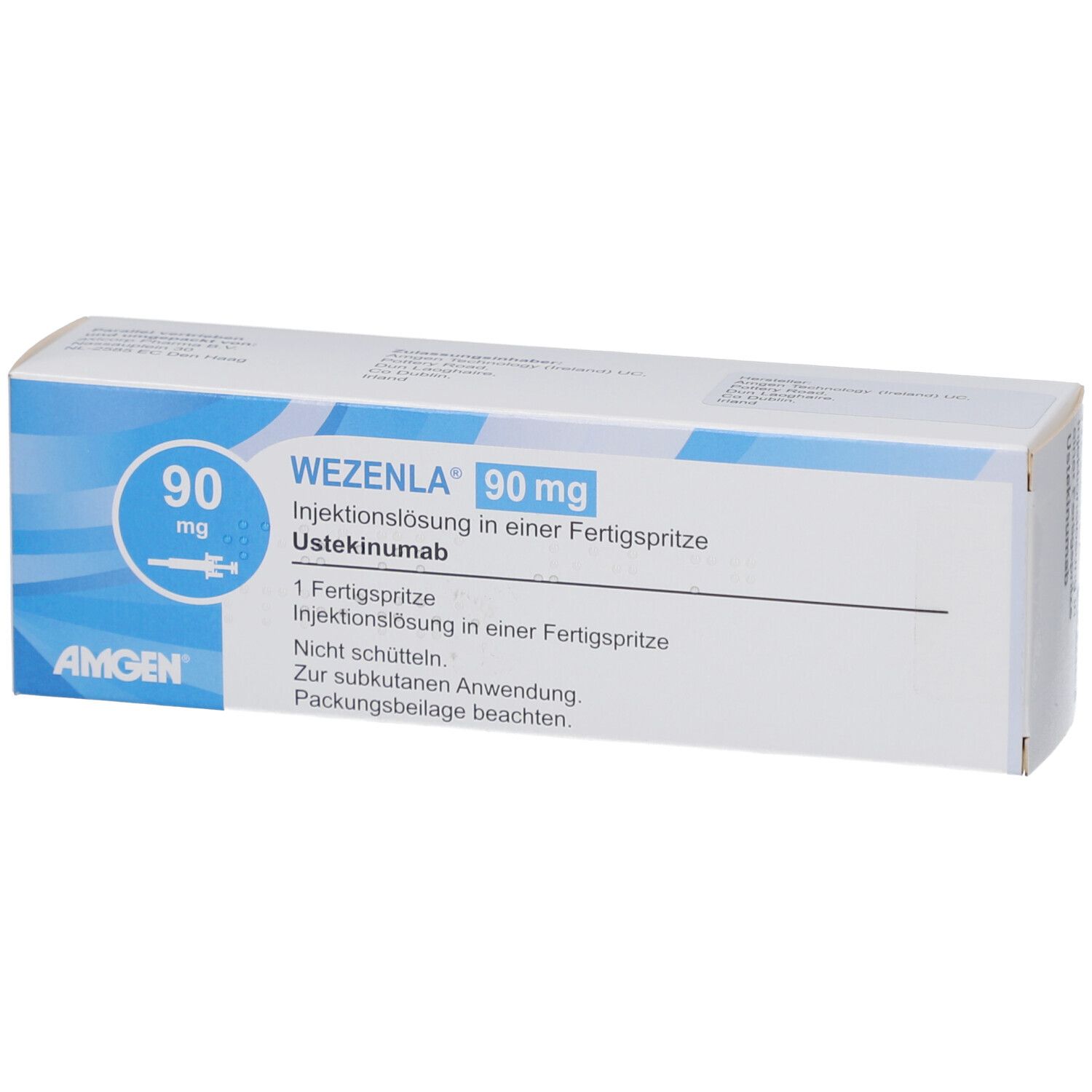 Schachtel mit WEZENLA 90 mg Injektionslösung. Blaue und weiße Verpackung. Amgen-Logo.