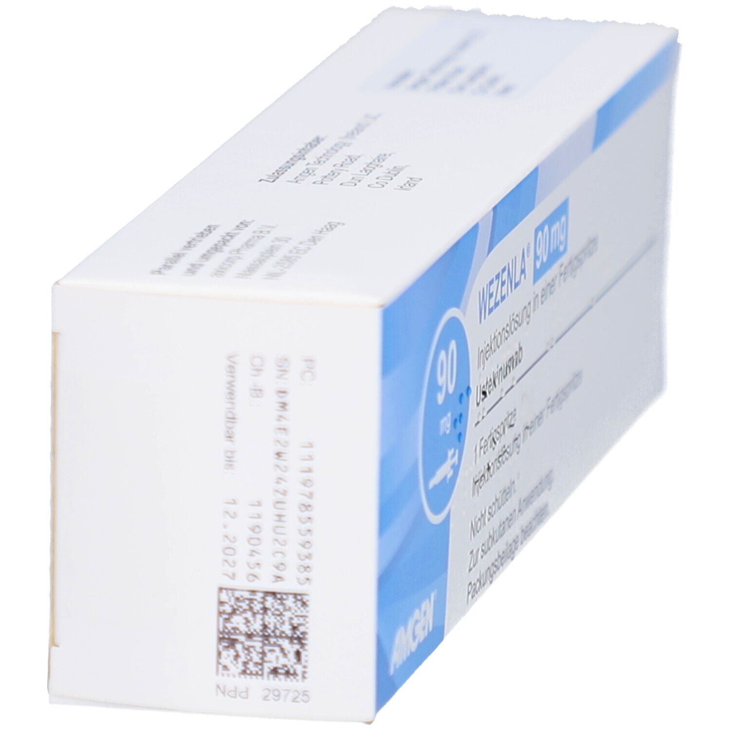 Weiße Schachtel mit blauen Akzenten. Text und Barcode. WEZENLA 90 mg.