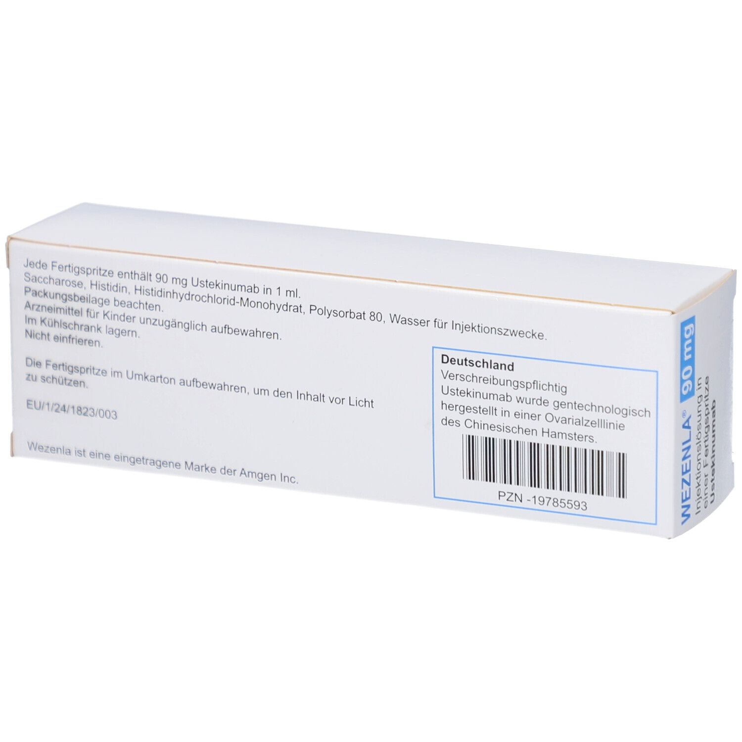 Schachtelrückseite mit Text. WEZENLA 90 mg. Text in Deutsch. Barcode.