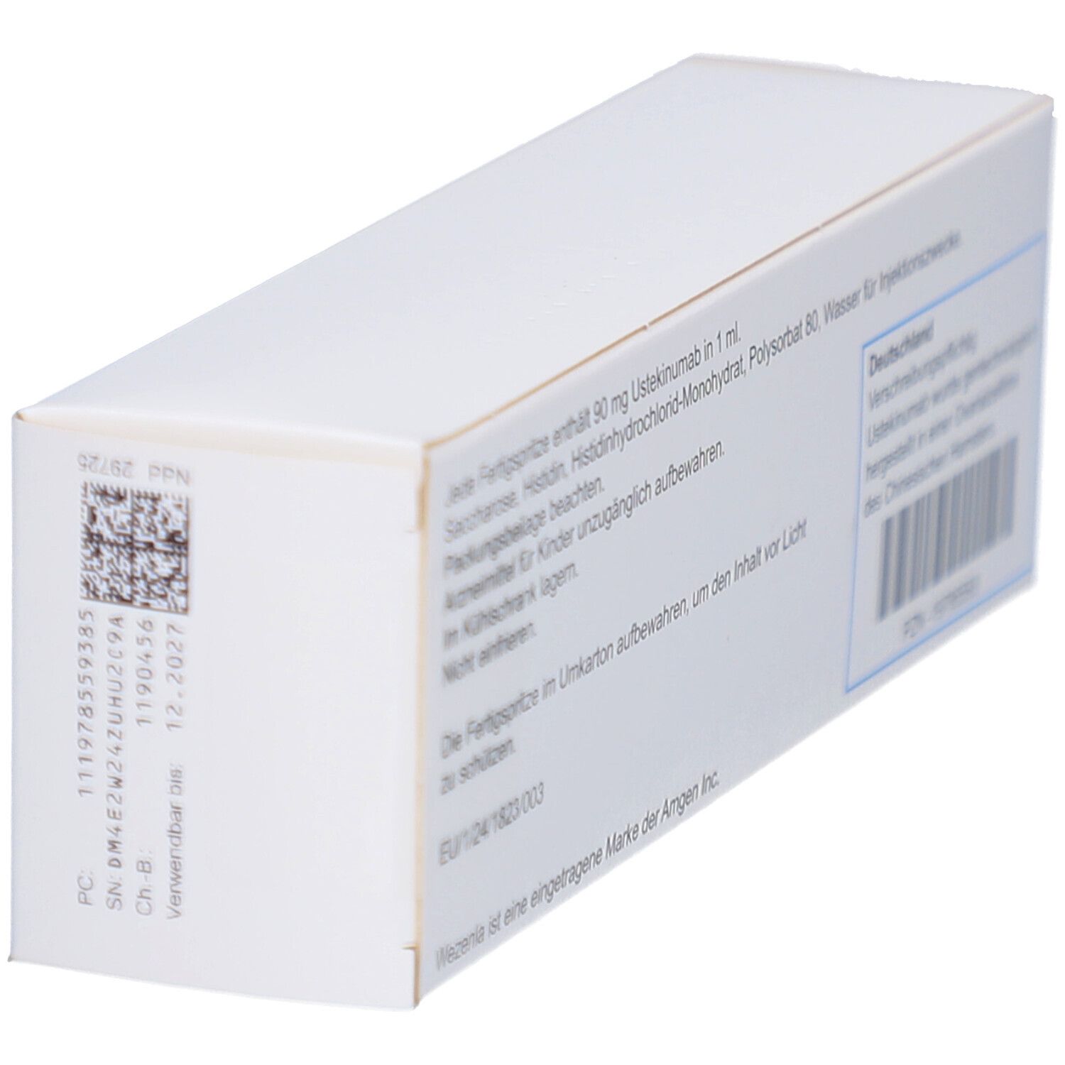 Schachtel, Rückseite mit Text. WEZENLA 90 mg. Text in Deutsch. Barcode.