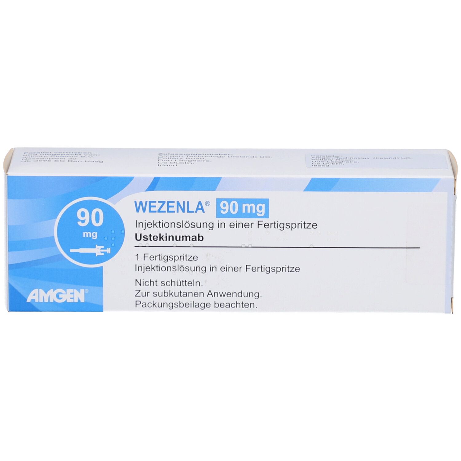 WEZENLA 90 mg Injektionslösung in Fertigspritze. Blaue und weiße Verpackung.