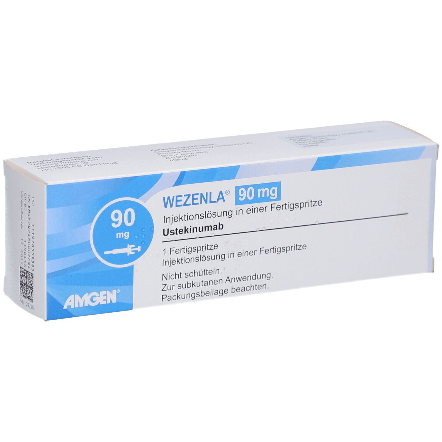 WEZENLA 90 mg Injektionslösung in Fertigspritze. Blaue und weiße Verpackung. Amgen-Logo.