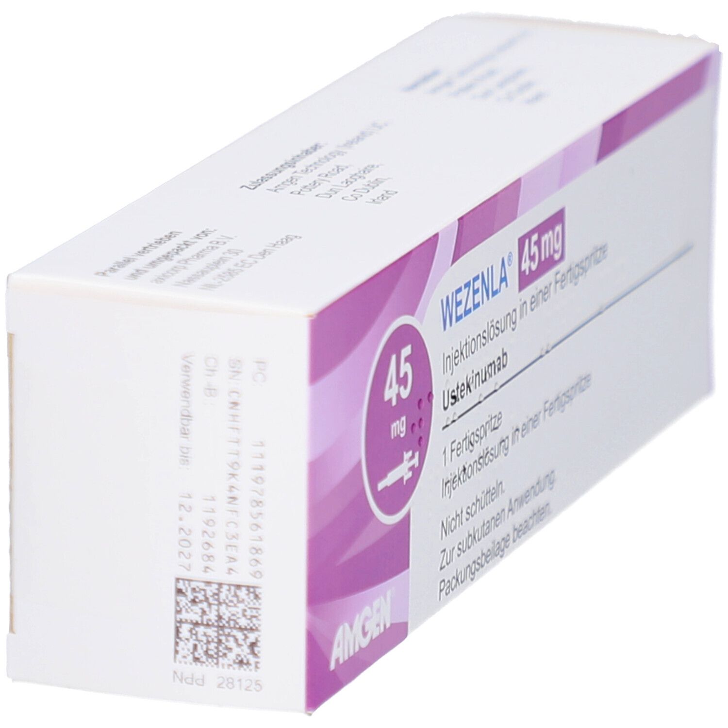 Schachtel WEZENLA 45 mg. Ansicht von oben und Seite. Aufdruck: 45 mg, Text: Injektionslösung in Fertigspritze, Amgen Logo.