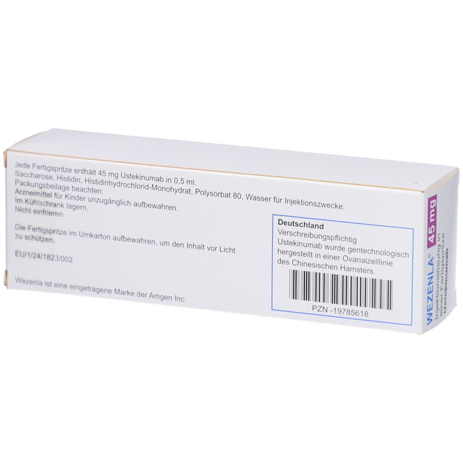 Rückseite der Schachtel WEZENLA 45 mg. Text: Inhaltsstoffe, Herstellerinformationen, PZN-19785618, Deutschland.