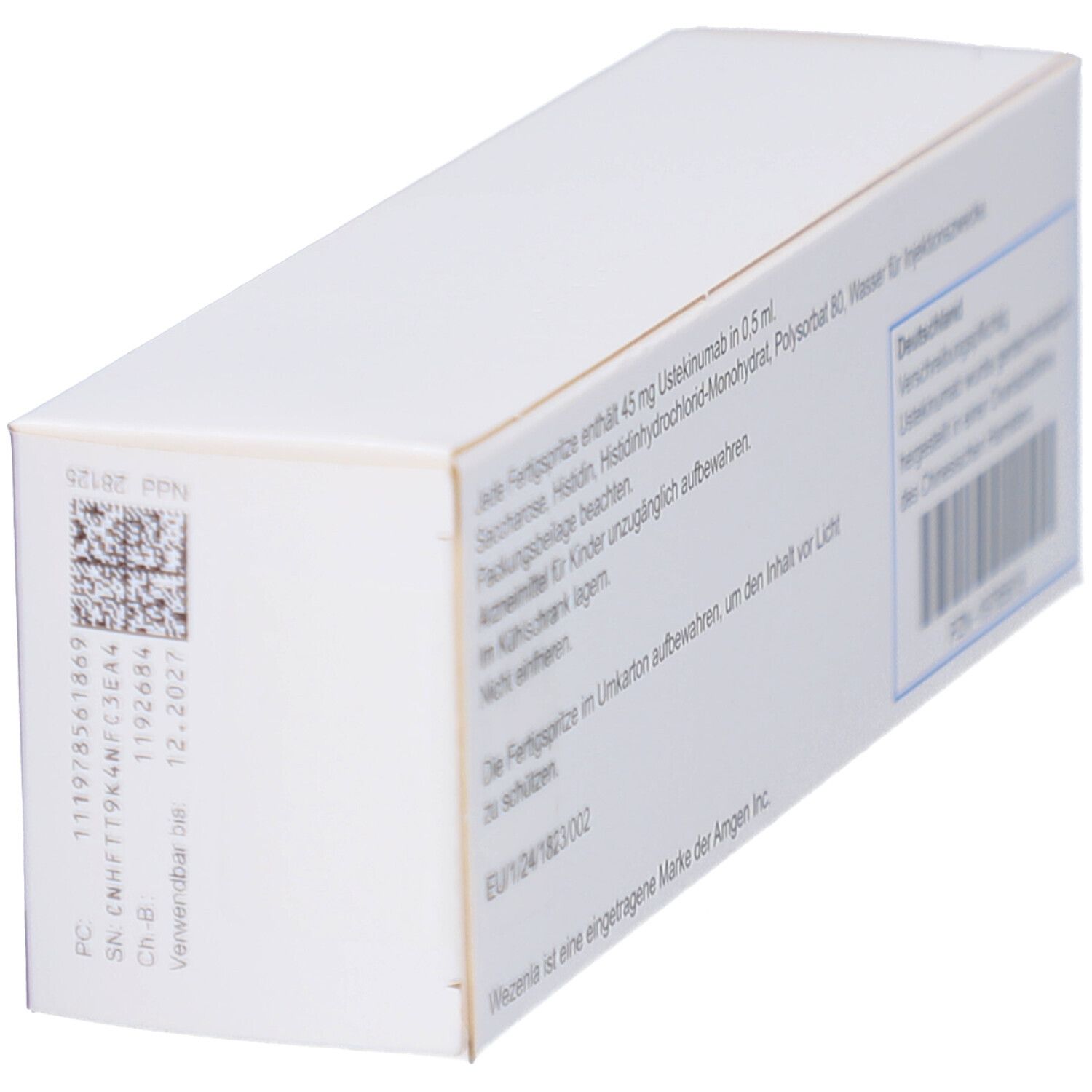 Schachtel WEZENLA 45 mg. Rückseite, Detailansicht. Text: Inhaltsstoffe, Chargennummer, Verfallsdatum, PZN-19785618.