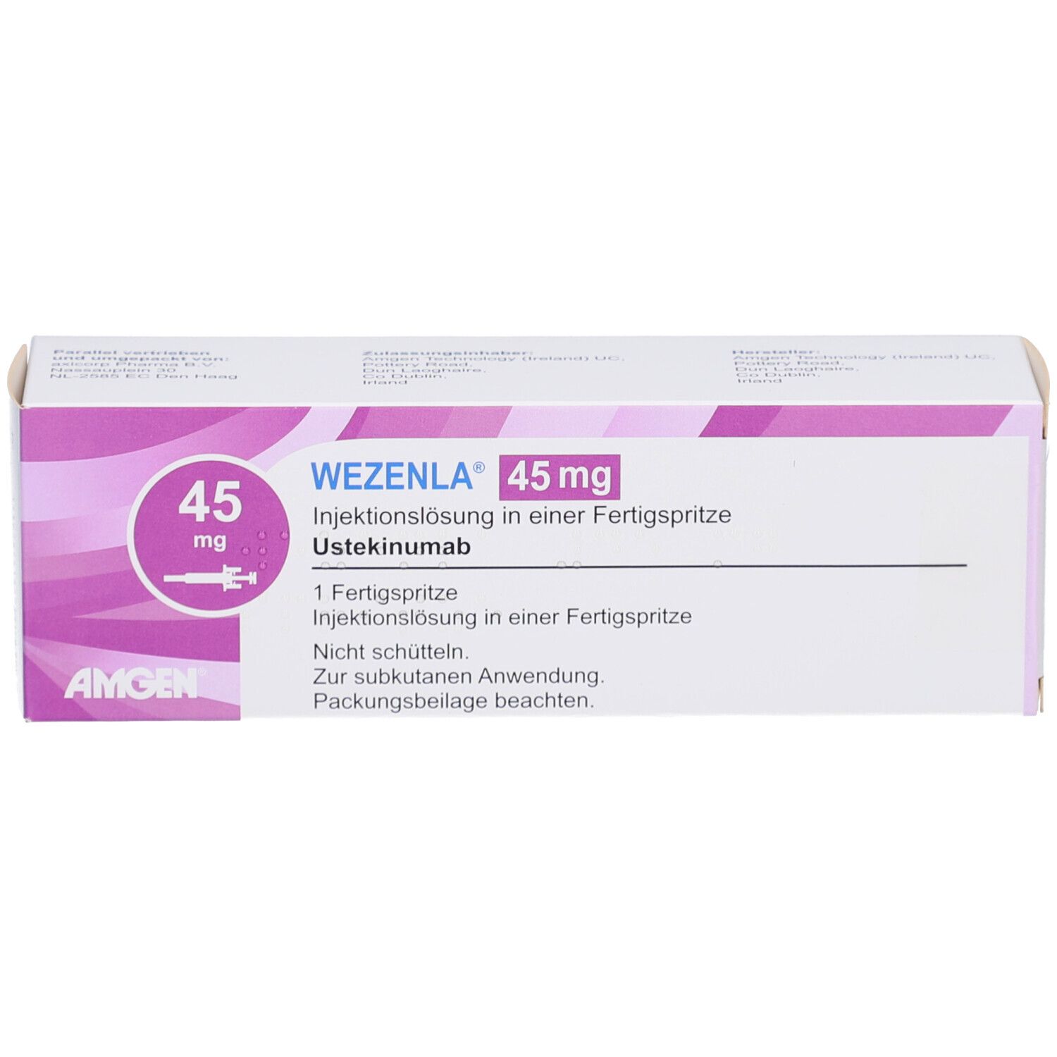 Schachtel WEZENLA 45 mg. Aufdruck: 45 mg, Amgen Logo. Text: Injektionslösung in Fertigspritze, 1 Fertigspritze.