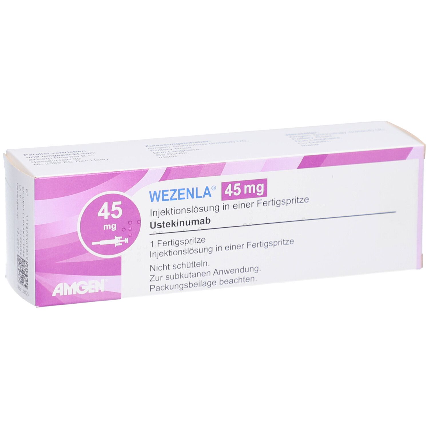Schachtel WEZENLA 45 mg. Aufdruck: 45 mg, Amgen Logo. Text: Injektionslösung in Fertigspritze, 1 Fertigspritze.