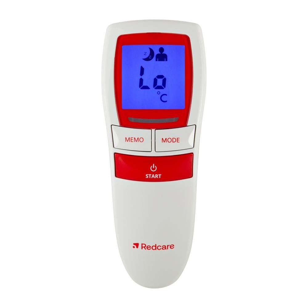 Weißes Stirnthermometer mit roter Akzentfarbe. Display zeigt 'Lo' und Grad Celsius. Rote Redcare-Marke.