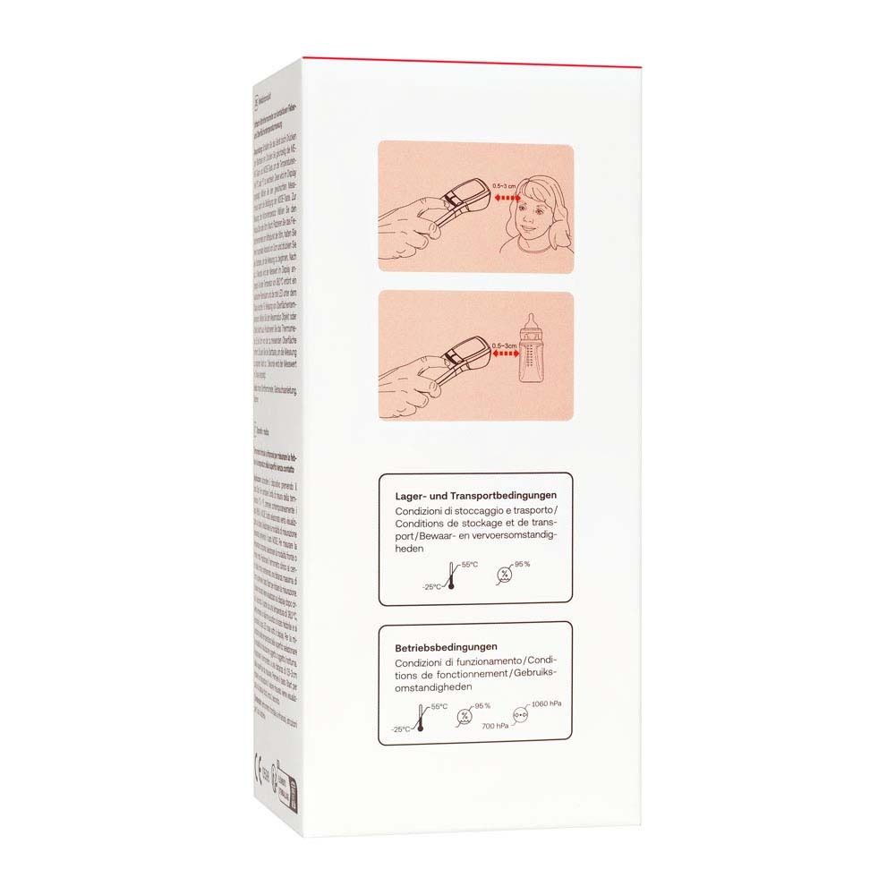 Verpackung mit Illustrationen zur Anwendung. Text in Deutsch und Italienisch. Lager- und Betriebsbedingungen.