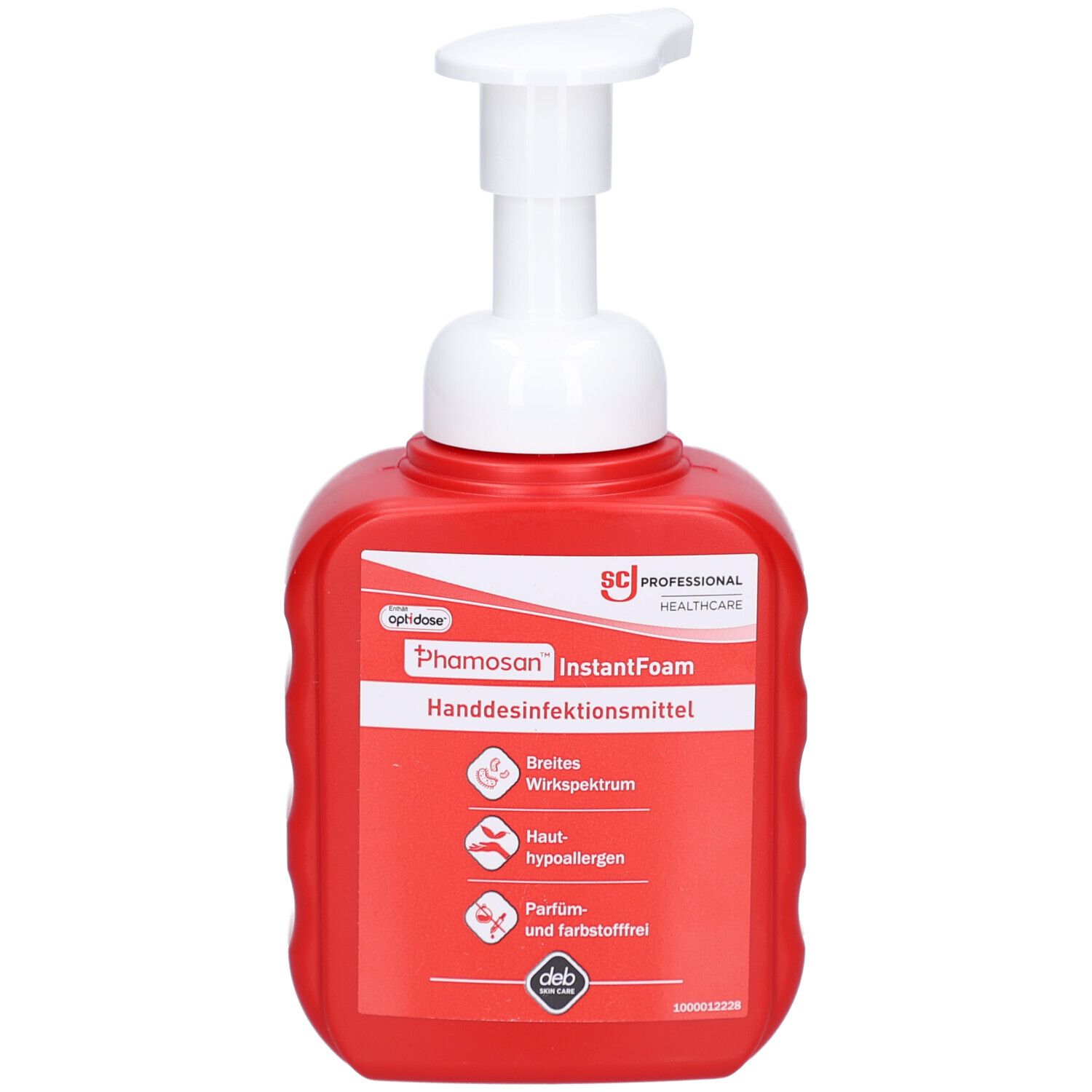 Rote Flasche mit weißem Pumpspender. Beschriftung: Phamosan InstantFoam Handdesinfektionsmittel. Logos und Piktogramme.