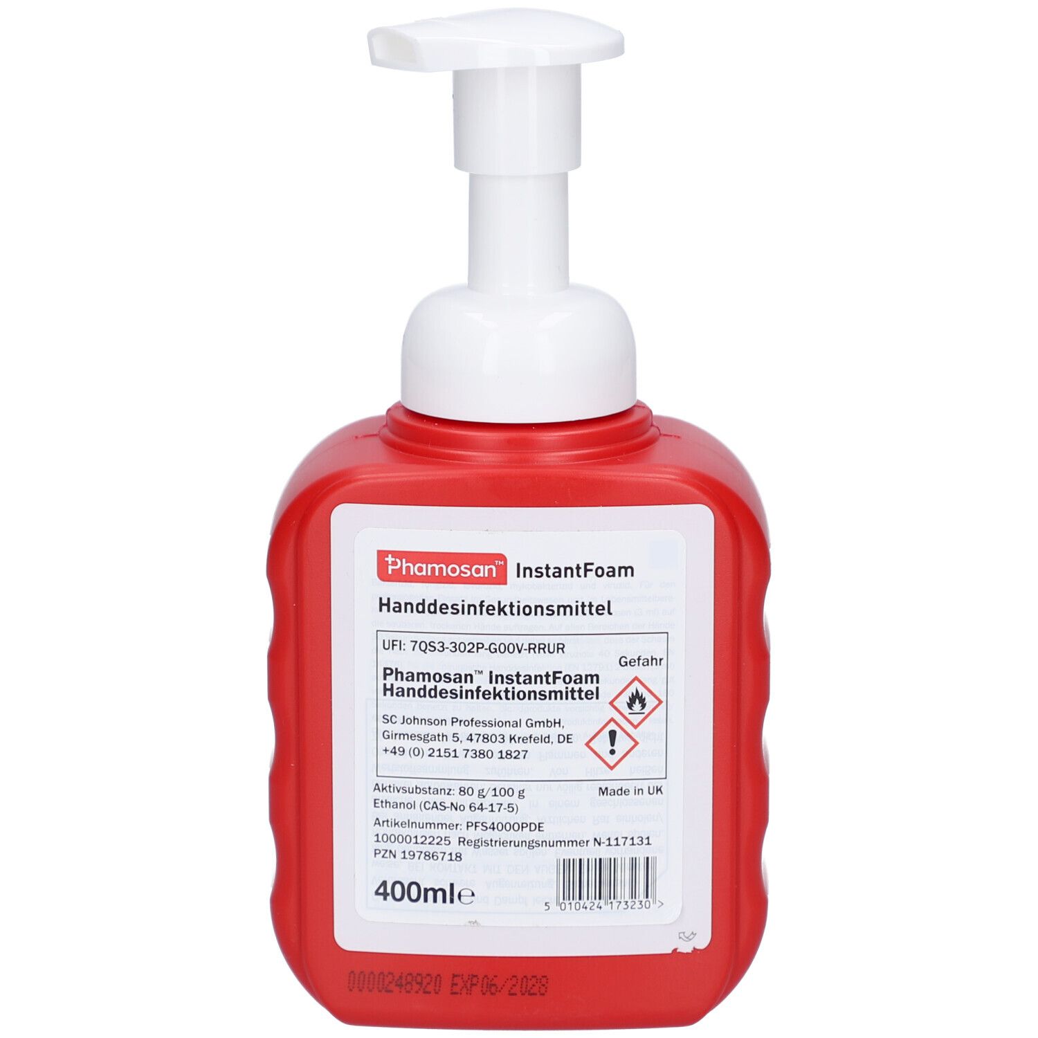 Rote Flasche mit weißem Pumpspender. Beschriftung: Phamosan InstantFoam Handdesinfektionsmittel. Warnhinweise und Volumenangabe.