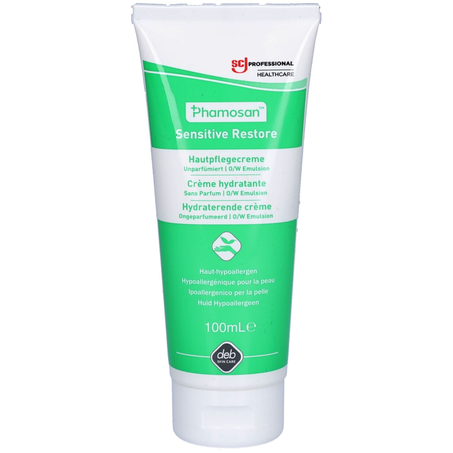 Weiße Tube mit grünem Streifen und Aufschrift Phamosan Sensitive Restore. Oben links Logo, unten Logo von deb.