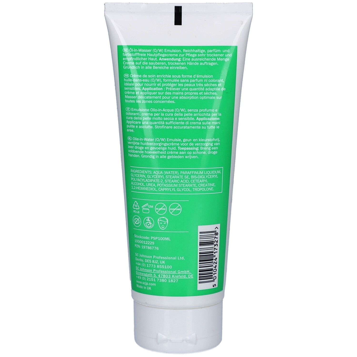 Rückseite der weißen Tube. Text in mehreren Sprachen, grüne Schrift. Oben links Logo, unten links Logos für Recycling.