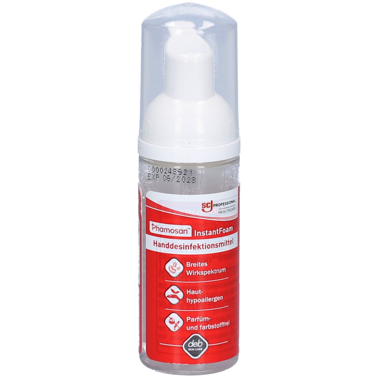 Flasche mit weißem Pumpkopf und durchsichtigem Deckel. Rotes Etikett mit Produktnamen und Logos. Handdesinfektionsmittel.