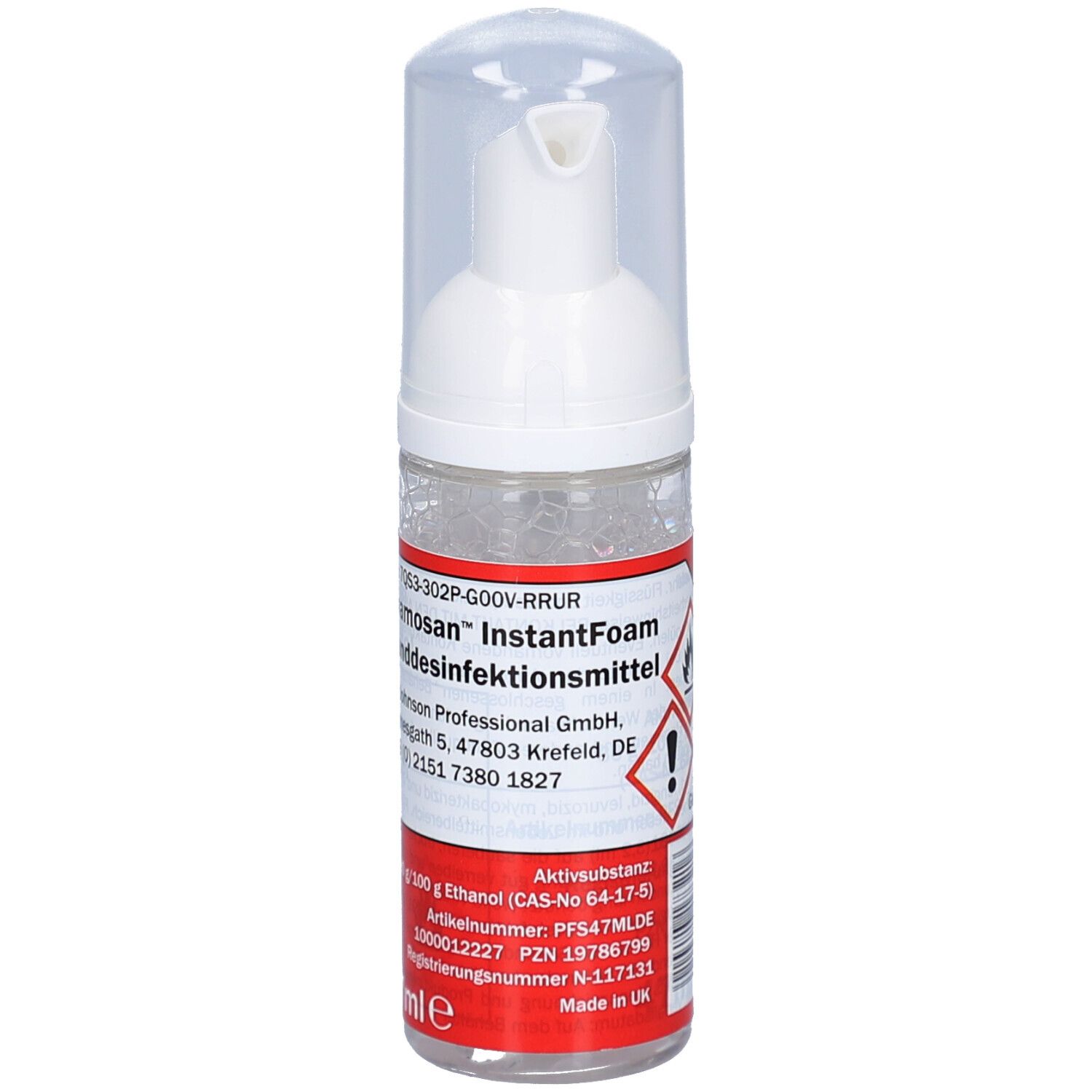 Flasche mit weißem Pumpkopf und durchsichtigem Deckel. Rotes Etikett mit Produktinformationen. Handdesinfektionsmittel.