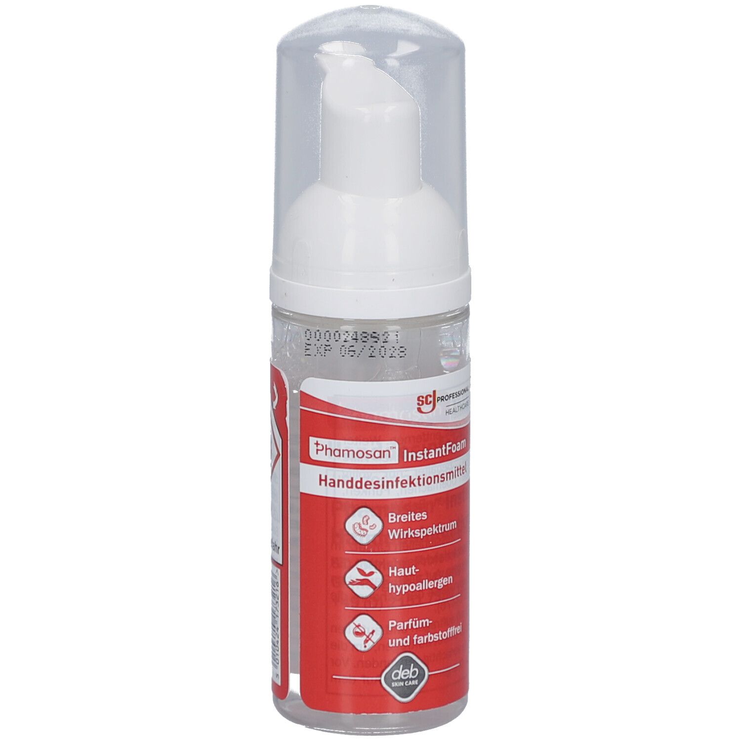 Flasche mit weißem Pumpkopf und durchsichtigem Deckel. Rotes Etikett mit Produktnamen und Logos. Handdesinfektionsmittel.