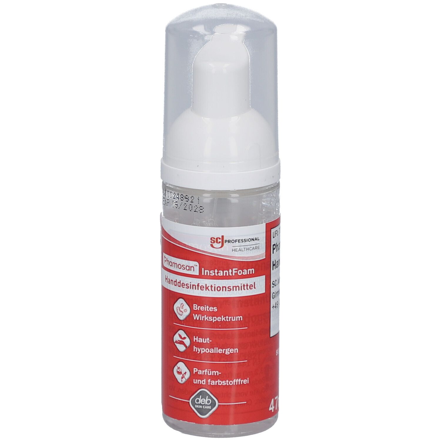 Flasche mit weißem Pumpkopf und durchsichtigem Deckel. Rotes Etikett mit Produktnamen und Logos. Handdesinfektionsmittel.