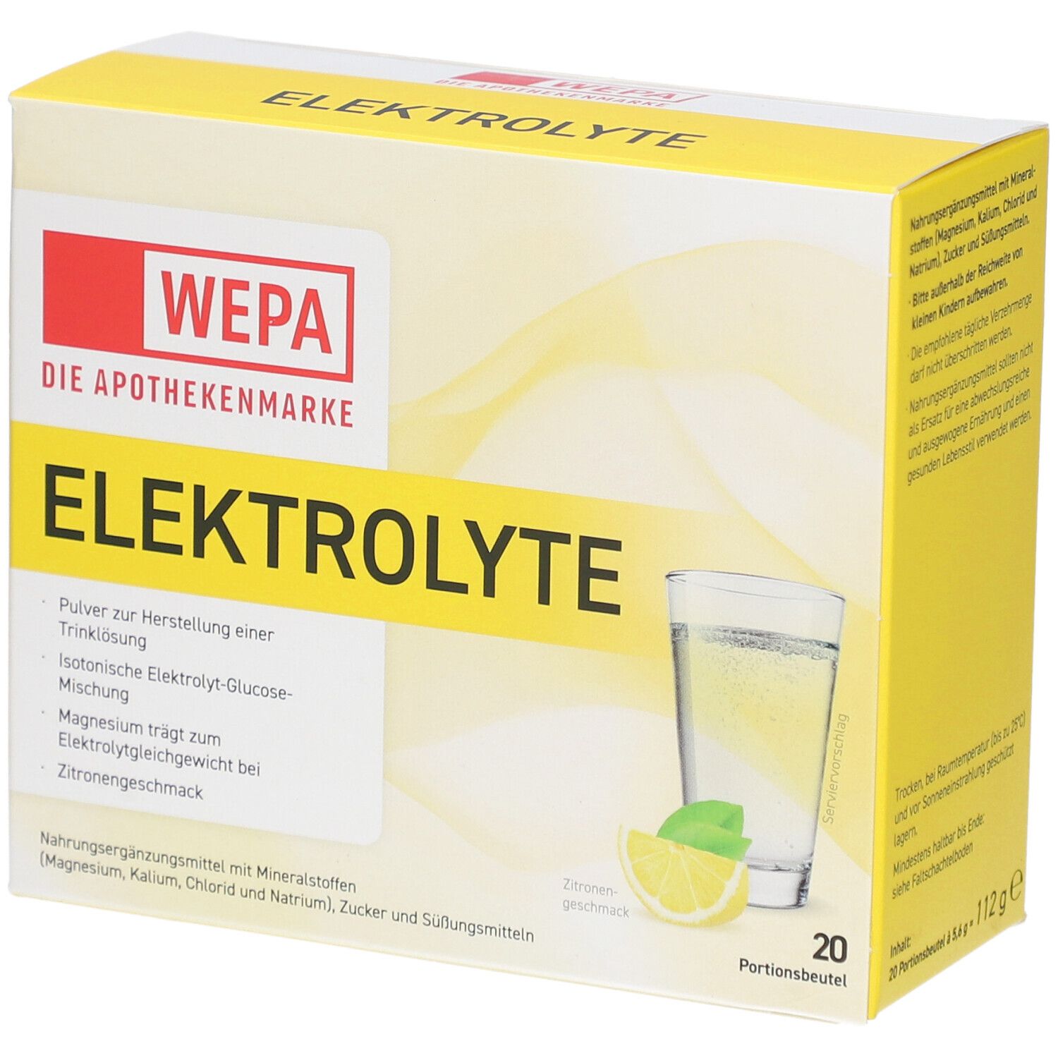 Gelbe Kartonverpackung mit "WEPA Elektrolyte". Enthält 20 Portionen. Glas mit Getränk und Zitrone abgebildet.