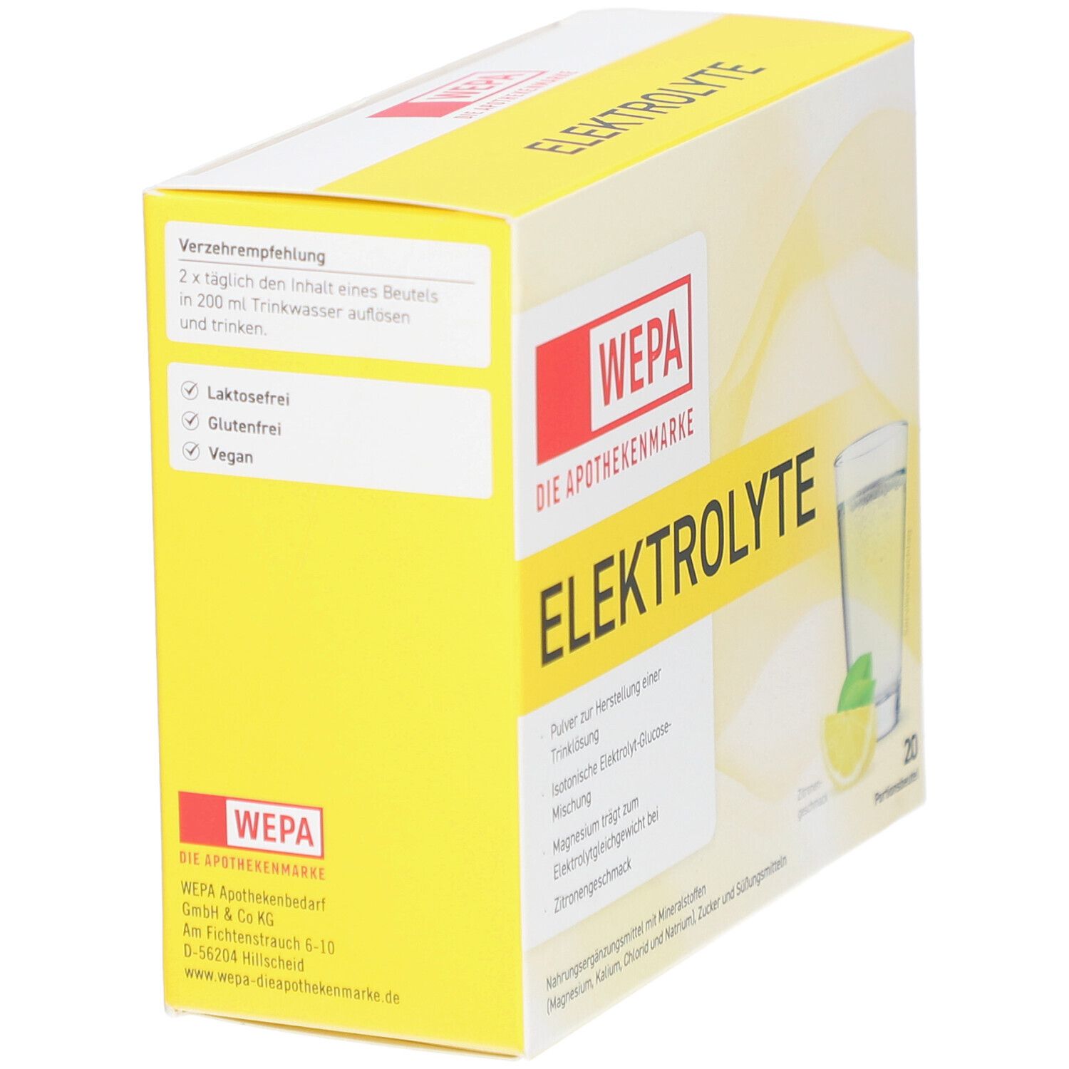 Gelbe Kartonverpackung mit "WEPA Elektrolyte". Enthält 20 Portionen. Aufdruck: laktosefrei, glutenfrei, vegan.