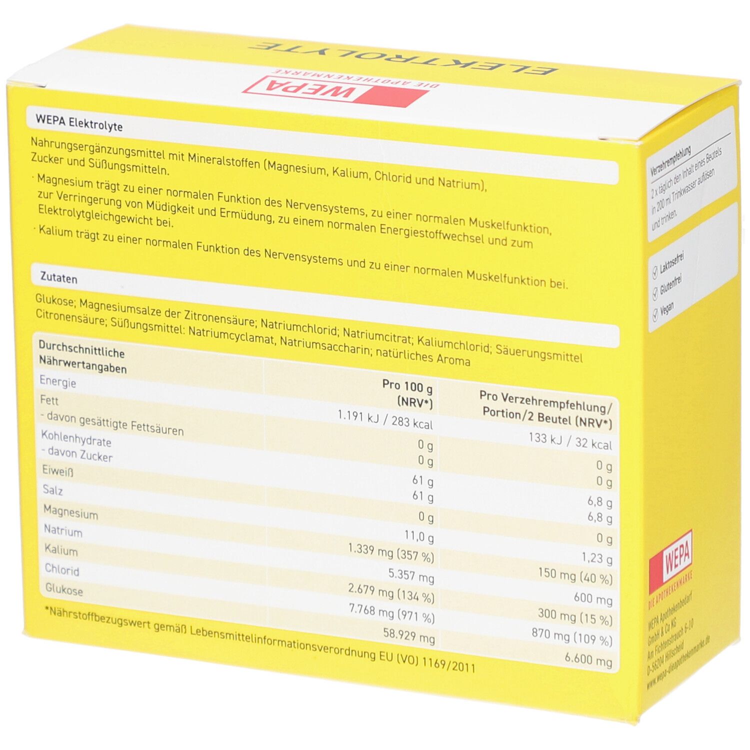 Rückseite der gelben Kartonverpackung mit Nährwertangaben und Inhaltsstoffen. "WEPA Elektrolyte" und Logo.