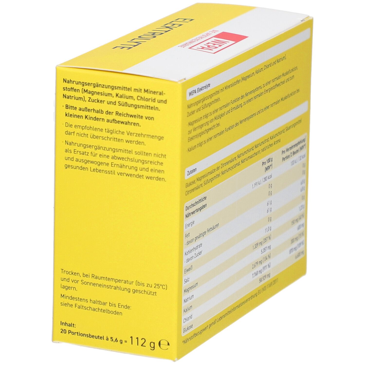 Seitenansicht der gelben Kartonverpackung mit Text. Enthält 20 Portionen. "WEPA Elektrolyte" und Logo.