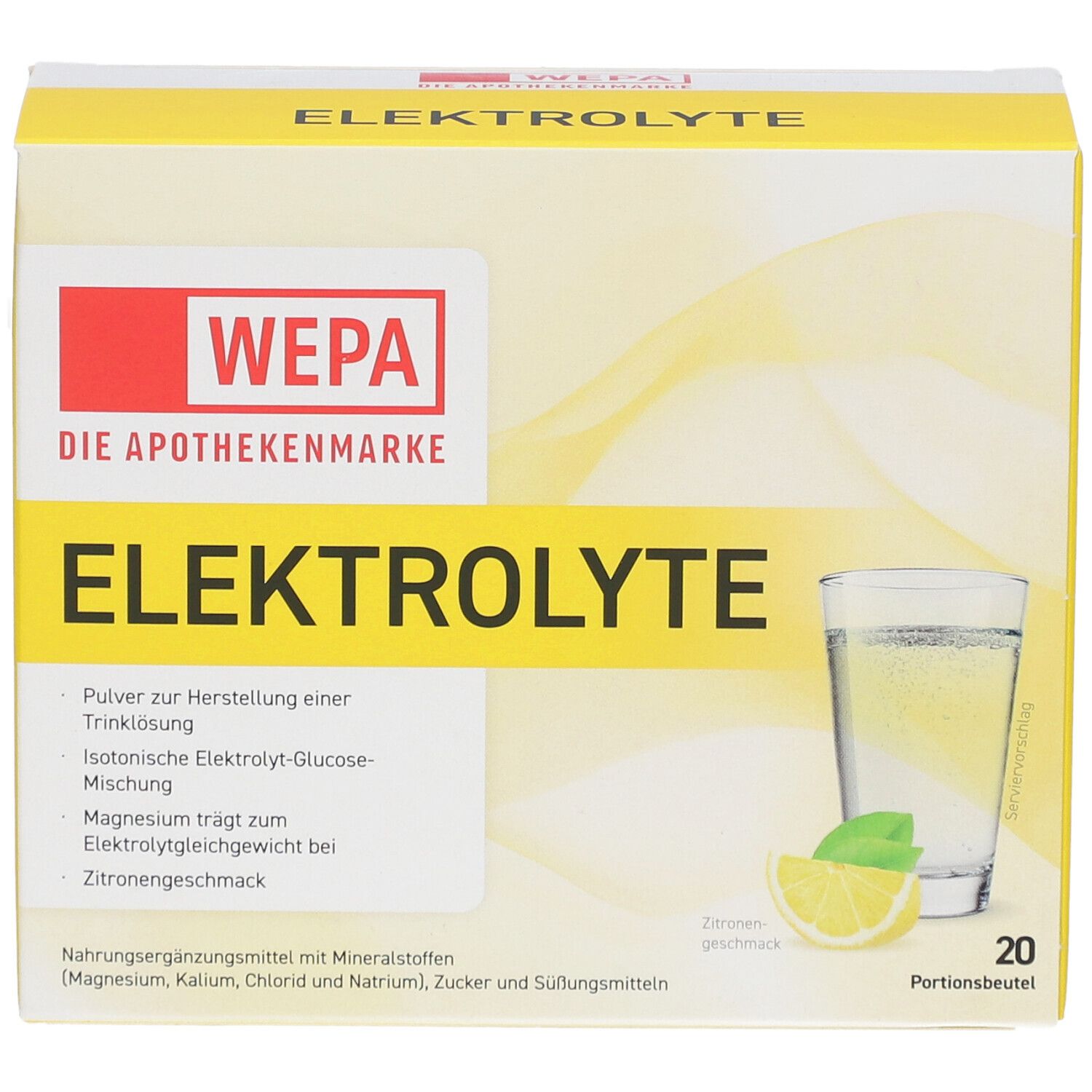 Gelbe Kartonverpackung mit "WEPA Elektrolyte". Enthält 20 Portionen. Glas mit Getränk und Zitrone abgebildet.