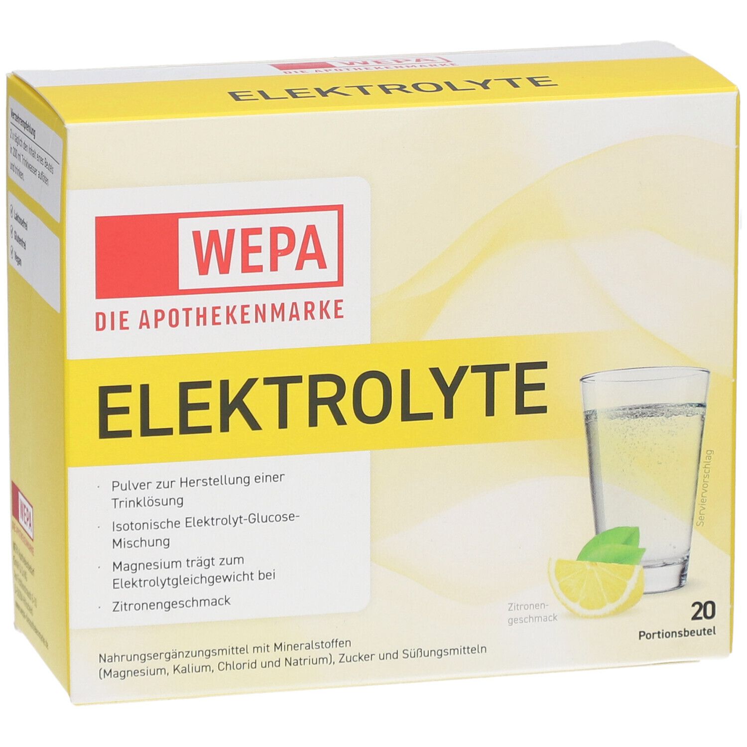 Gelbe Kartonverpackung mit "WEPA Elektrolyte". Enthält 20 Portionen. Glas mit Getränk und Zitrone abgebildet.