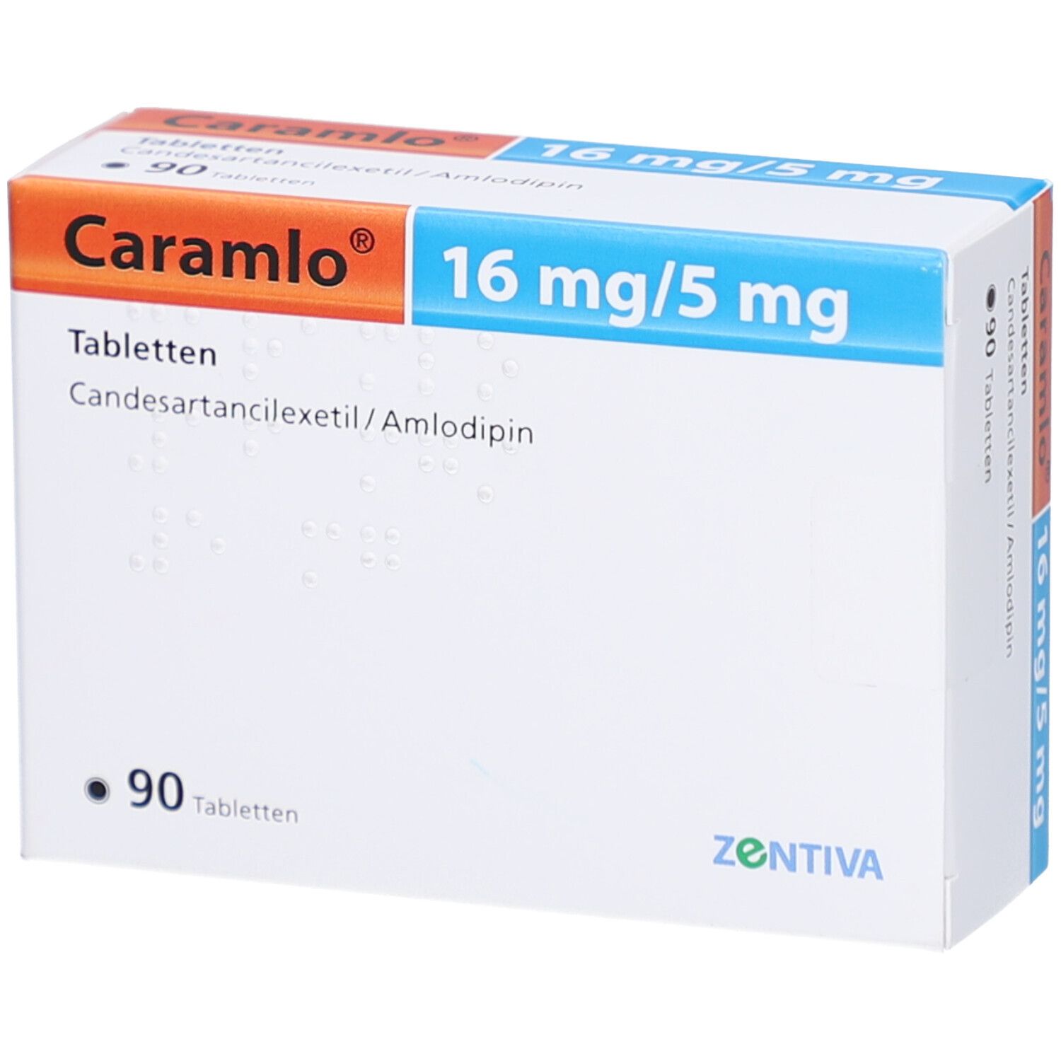 Weißer Karton mit "Caramlo" und "16 mg/5 mg" Aufdruck. Enthält 90 Tabletten. Marke Zentiva.