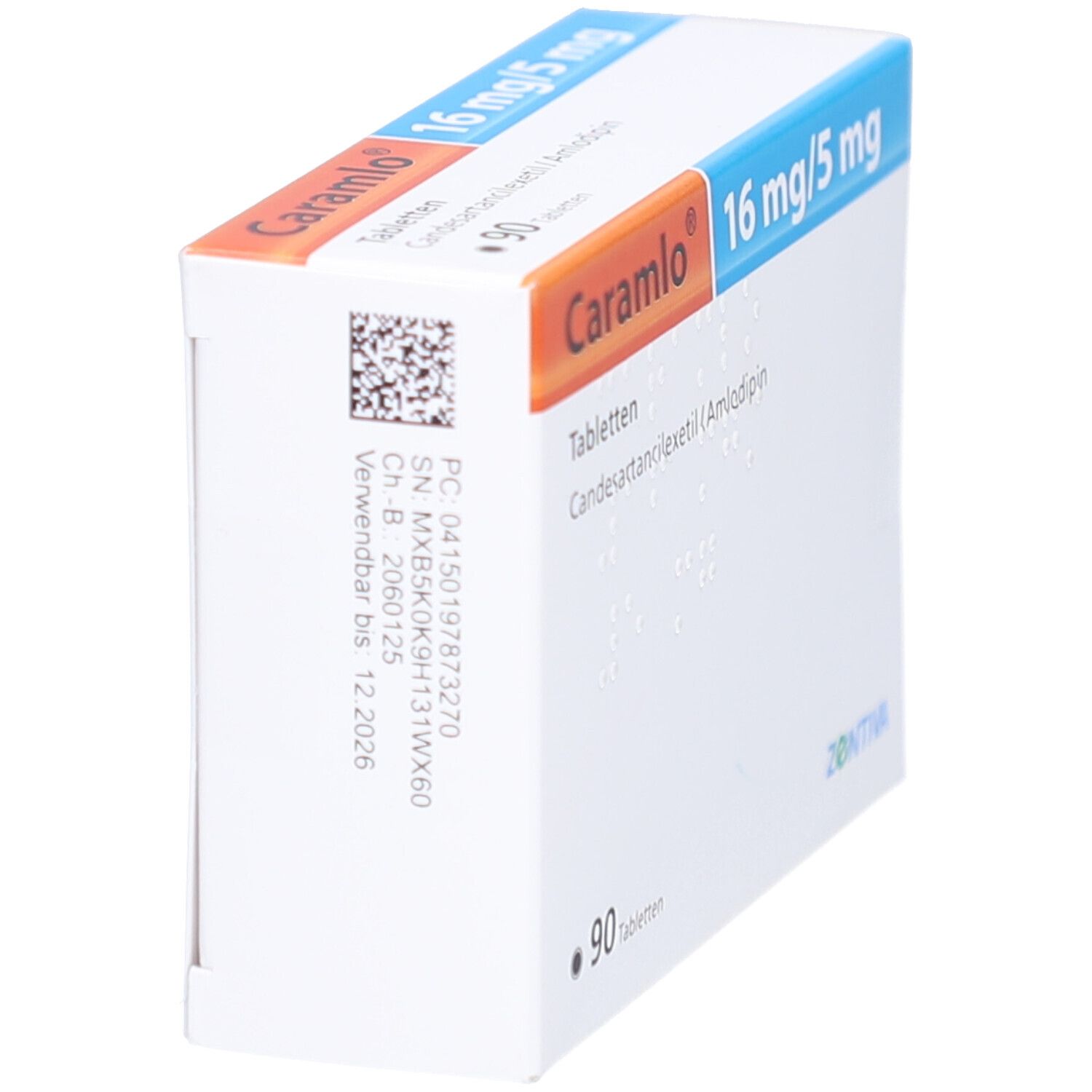 Schräg gestellte weiße Tablettenbox mit "Caramlo" und "16 mg/5 mg" Aufdruck. Enthält 90 Tabletten.