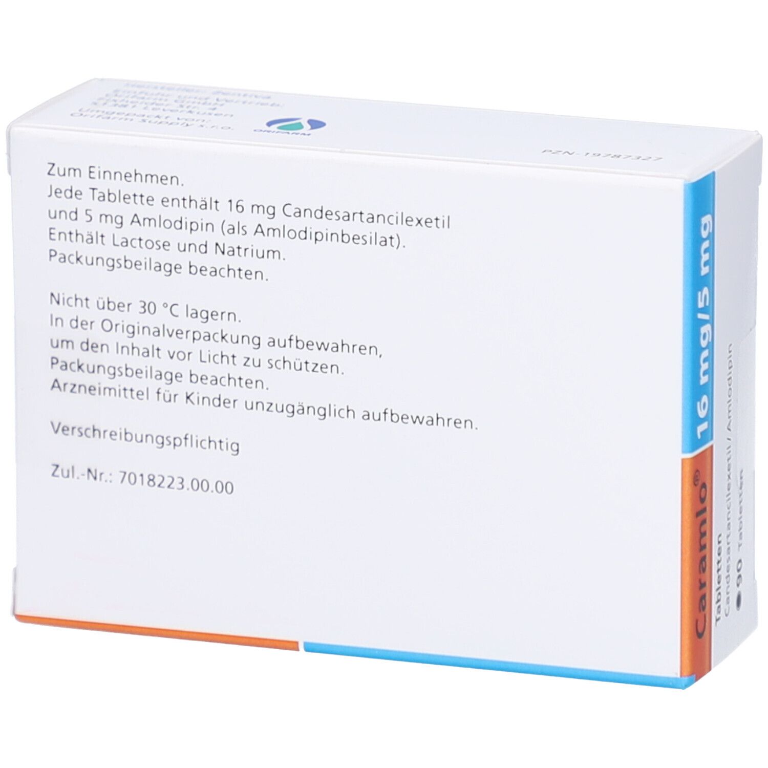 Rückseite der Tablettenbox mit Text. Enthält Informationen zu Inhaltsstoffen und Lagerung. Zul.-Nr.: 7018223.00.00.