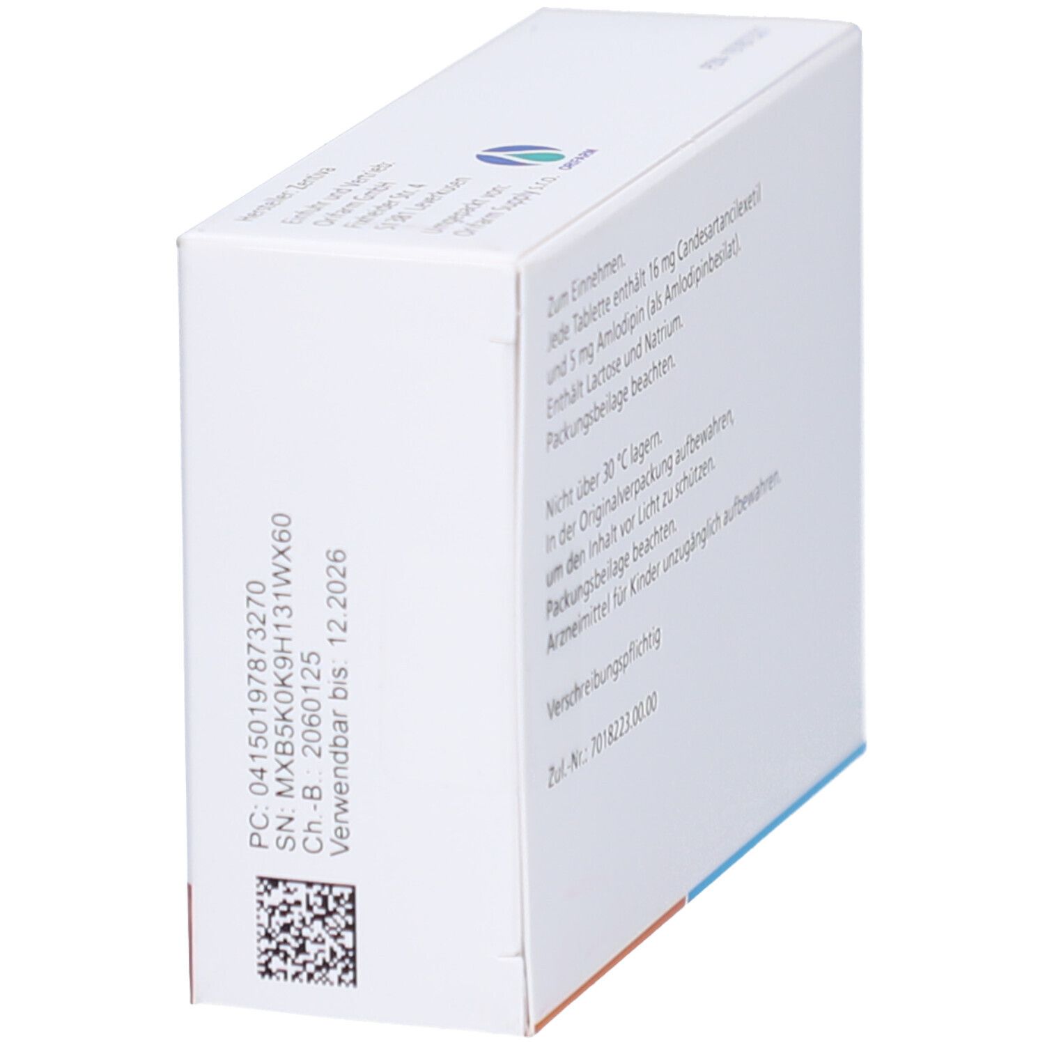 Schräg gestellte Tablettenbox-Rückseite mit Text. Enthält Informationen zu Inhaltsstoffen und Lagerung.