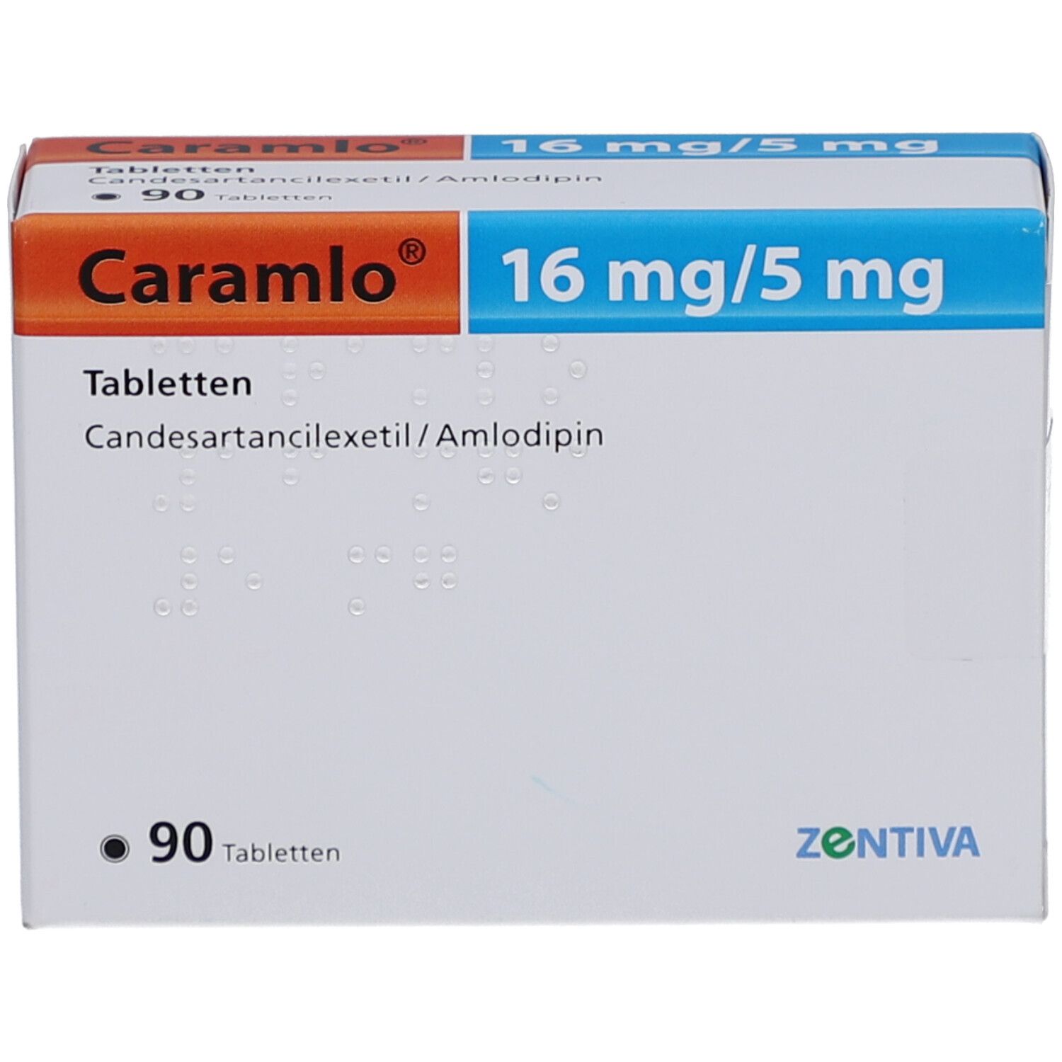 Weiße Tablettenbox mit "Caramlo" und "16 mg/5 mg" Aufdruck. Enthält 90 Tabletten. Marke Zentiva.