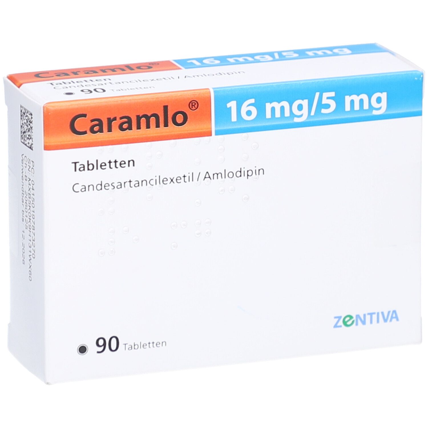 Weiße Tablettenbox mit "Caramlo" und "16 mg/5 mg" Aufdruck. Enthält 90 Tabletten. Marke Zentiva.