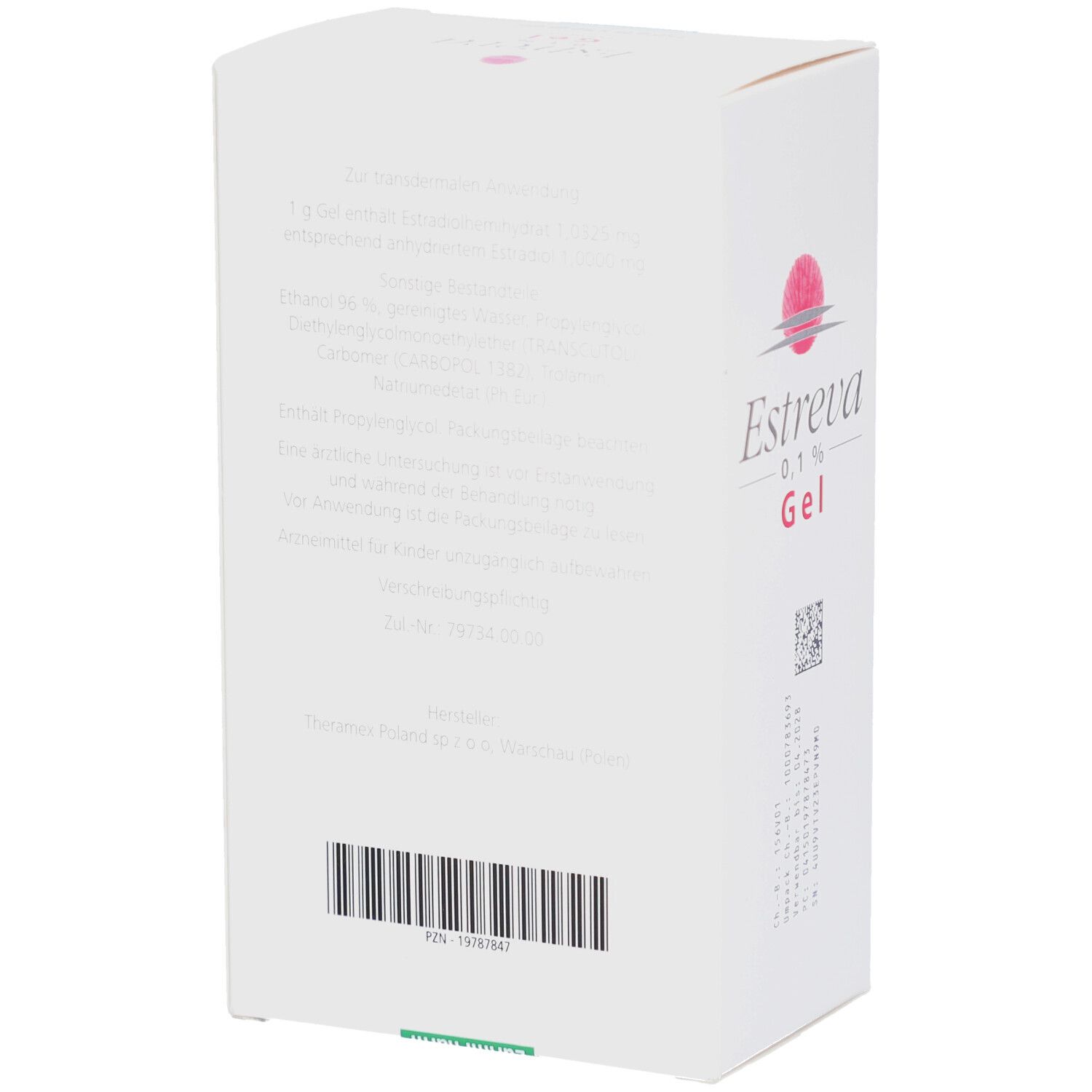 Weiße Schachtel mit rosa Logo und Schriftzug Estreva 0,1% Gel. Barcode und Text auf der Rückseite.