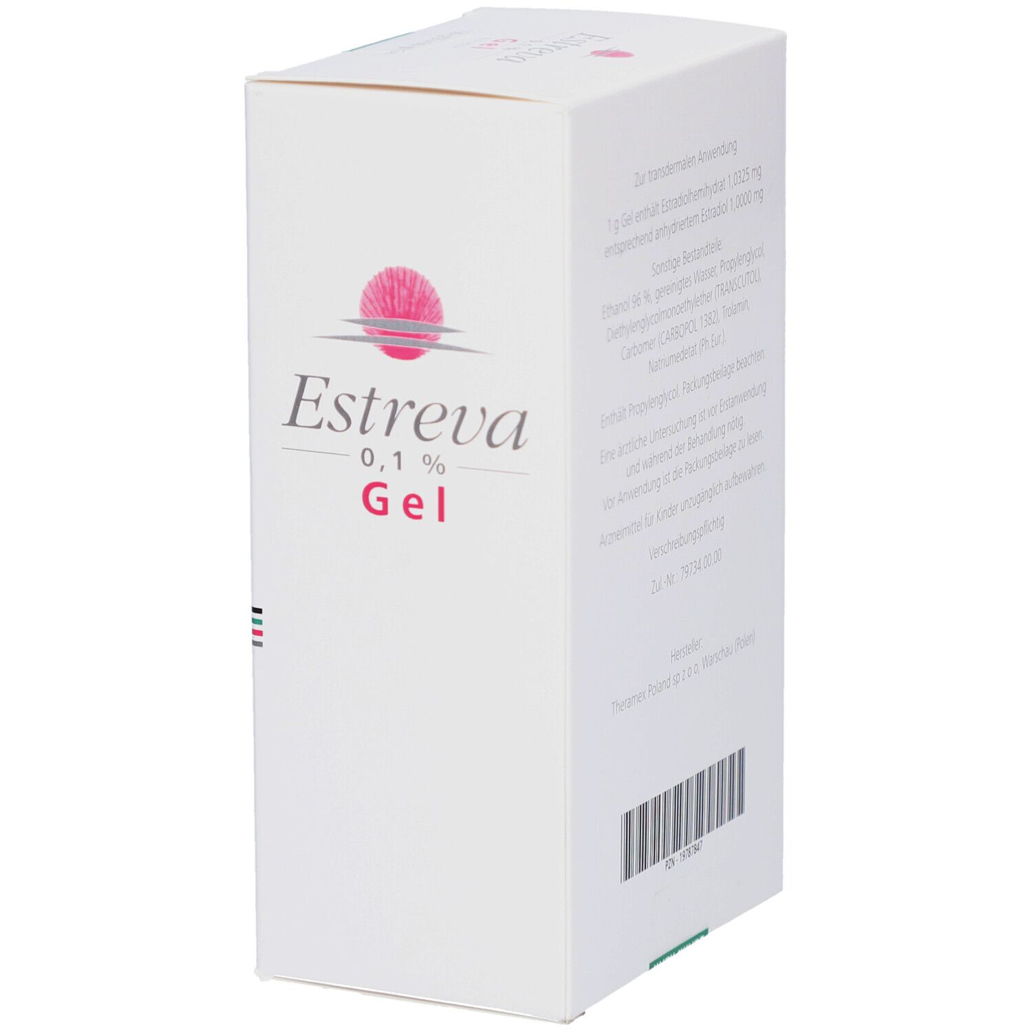 Weiße Schachtel mit rosa Logo und Schriftzug Estreva 0,1% Gel. Text auf der Seite.