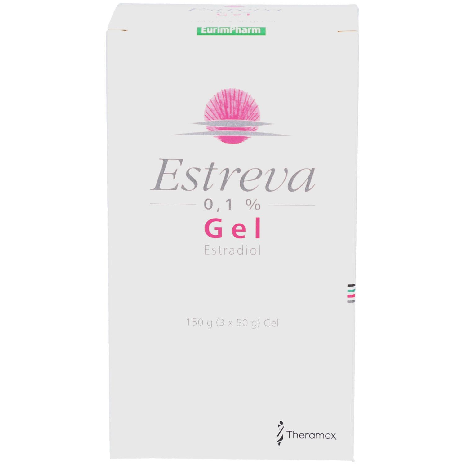 Weiße Schachtel mit rosa Logo und Schriftzug Estreva 0,1% Gel. Enthält Estradiol. Verpackung von EurimPharm.