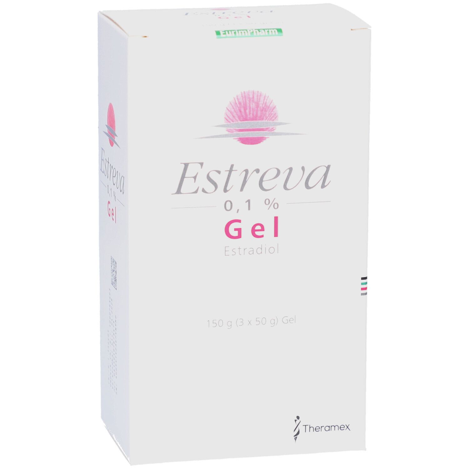 Weiße Schachtel mit rosa Logo und Schriftzug Estreva 0,1% Gel. Enthält Estradiol. Verpackung von Theramex.