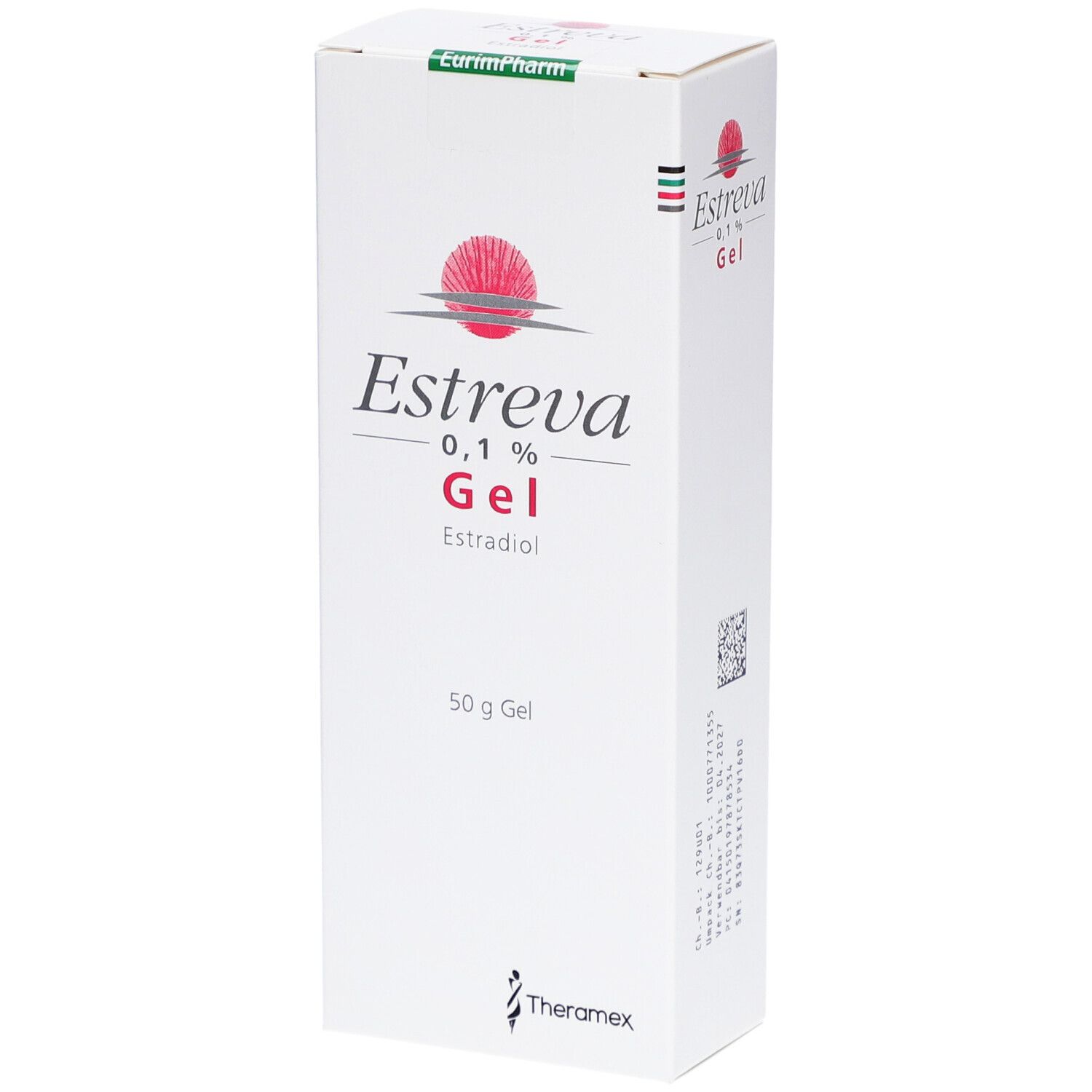 Weiße Schachtel mit Produktaufdruck. Schriftzug: Estreva 0,1% Gel, Estradiol. Logo: roter Kreis mit Strahlen. 50 g Gel.