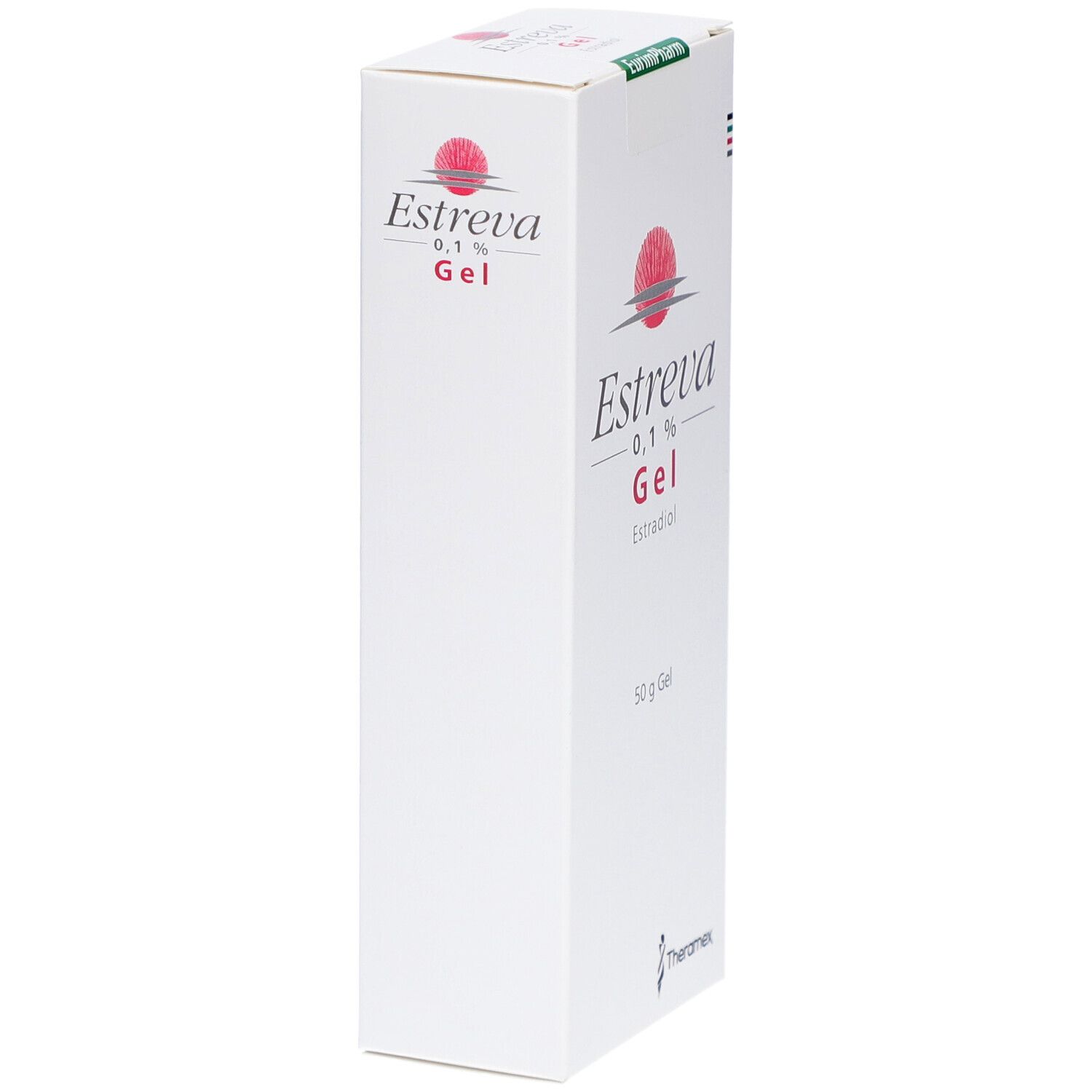 Weiße Schachtel, Seitenansicht. Schriftzug: Estreva 0,1% Gel, Estradiol. Logo: roter Kreis mit Strahlen. 50 g Gel. Thera-mex Logo.