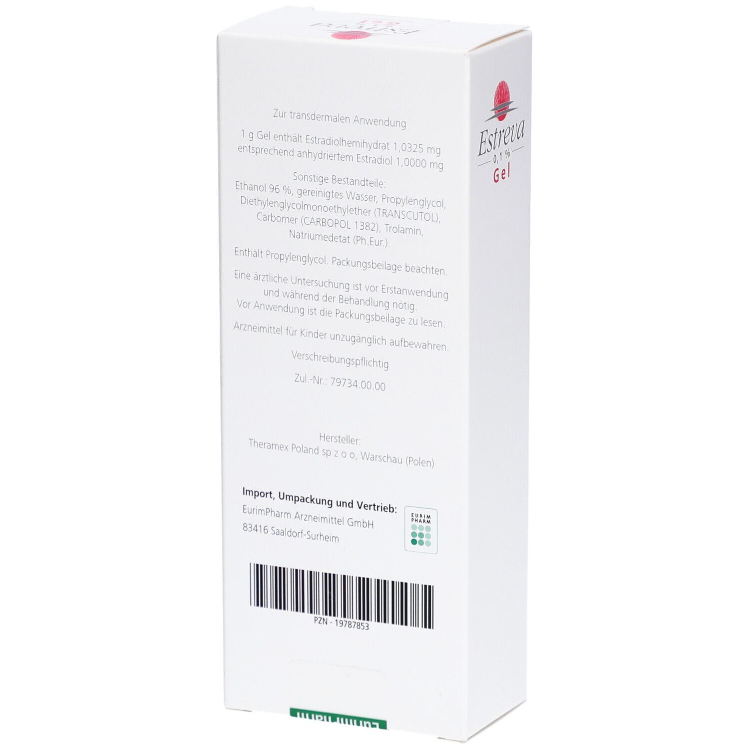 Weiße Schachtel, Rückseite. Text: Inhaltsstoffe, Anwendungshinweise, Herstellerinformationen, Chargennummer, Barcode. Logo: roter Kreis mit Strahlen.