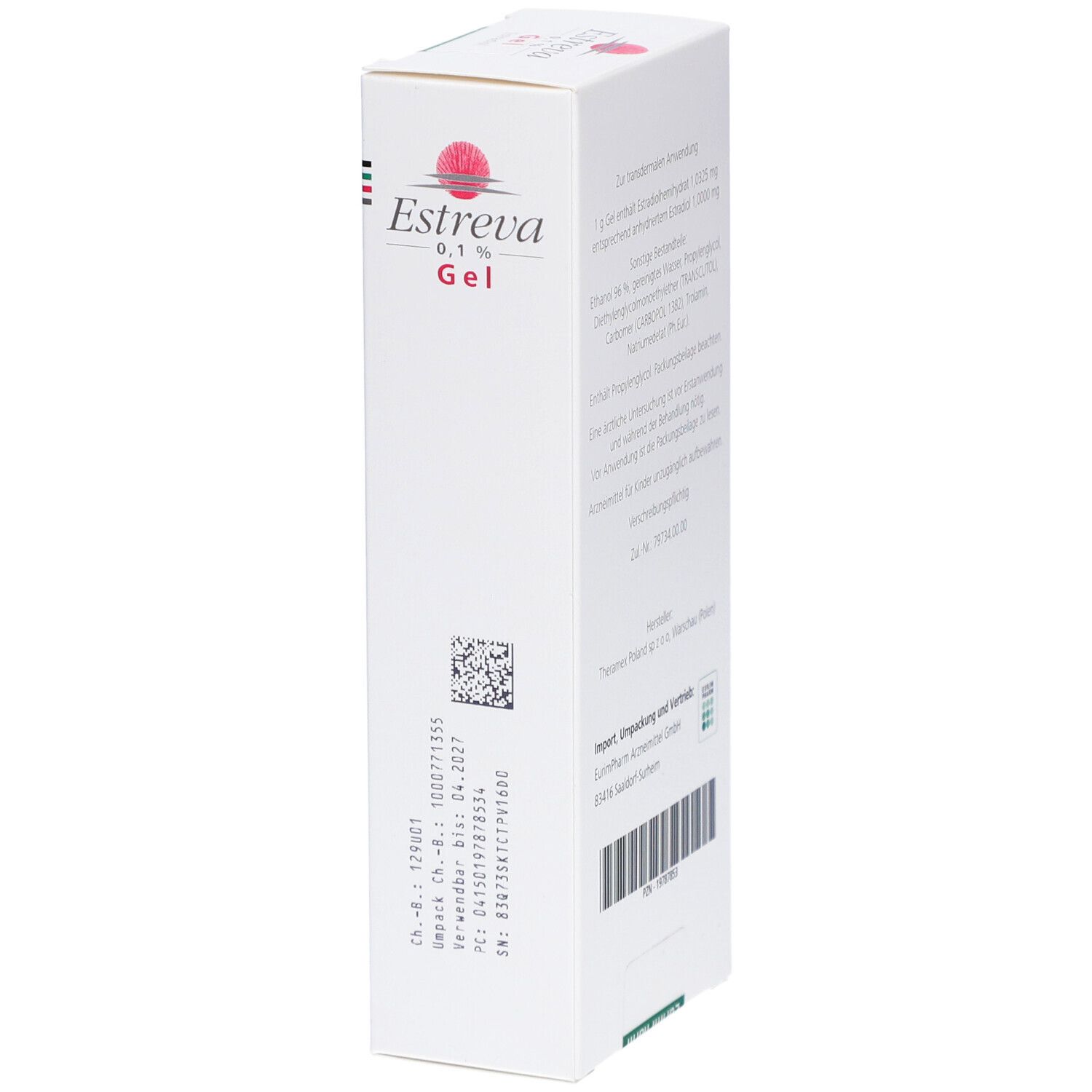 Weiße Schachtel, Seitenansicht. Text: Inhaltsstoffe, Chargennummer, Verfallsdatum, Barcode. Logo: roter Kreis mit Strahlen. Estreva 0,1% Gel.
